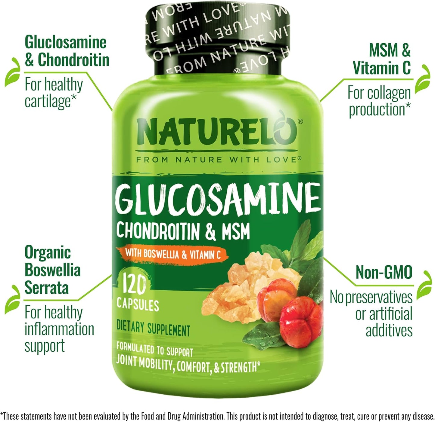 Joint Support Supplement with Glucosamine, Chondroitin, MSM, Boswellia, and Vitamin C - 120 Capsules by NATURELO