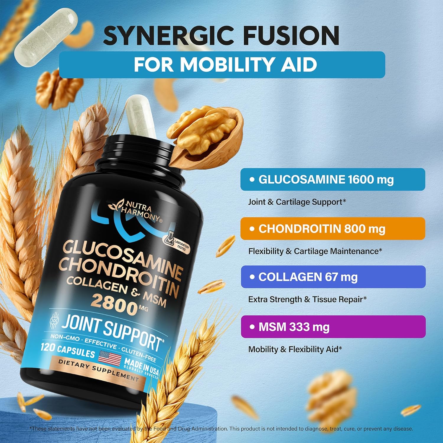 Joint Support Supplement with Glucosamine, Chondroitin, MSM, and Collagen | FSA & HSA Eligible | Made in USA | Flexibility Vitamins for Men & Women | Pack of 2