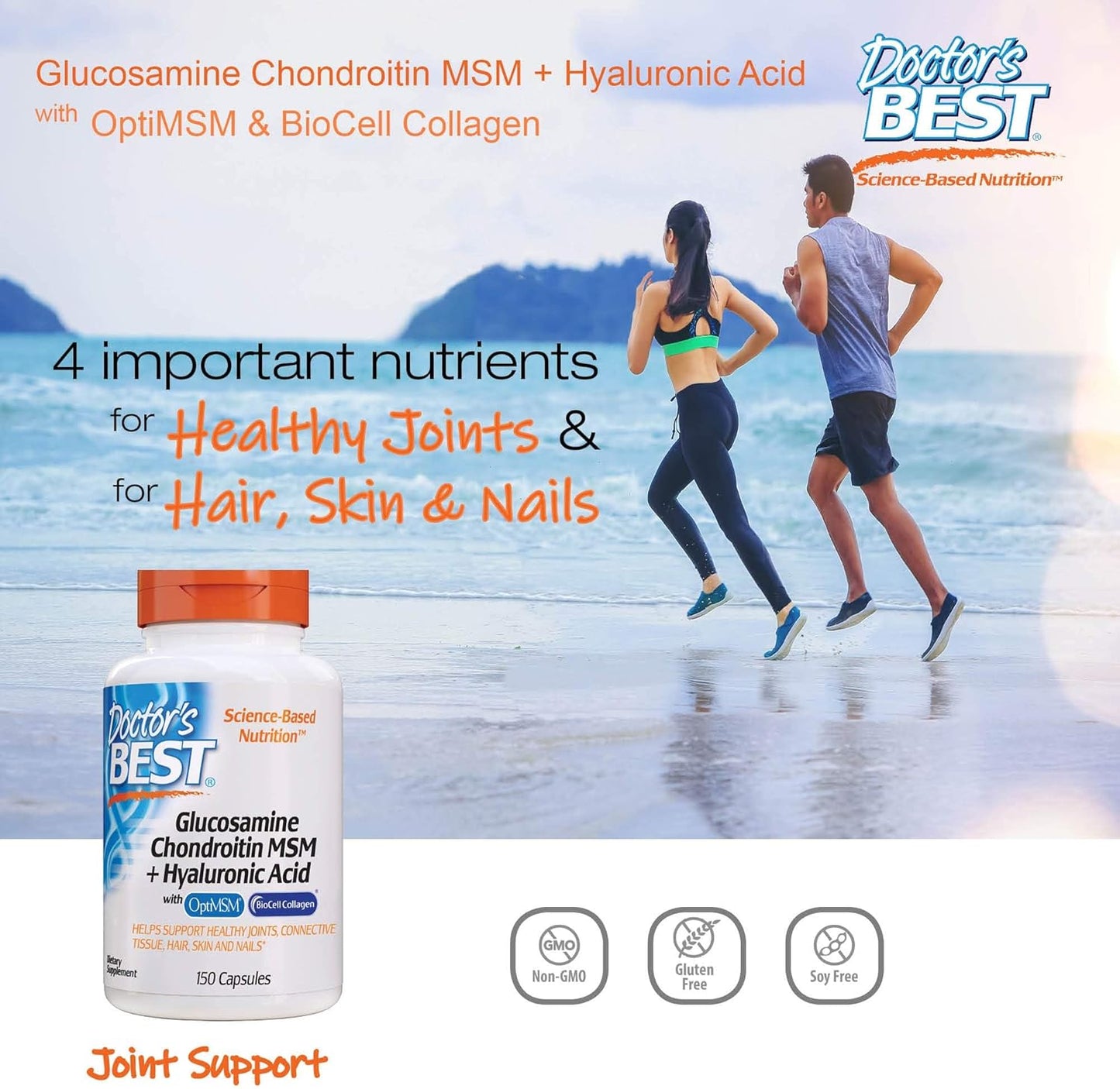 Joint Support Supplement with Glucosamine, Chondroitin, MSM, Hyaluronic Acid, and Biocell Collagen, 150 Capsules, Non-GMO, Gluten, and Soy Free