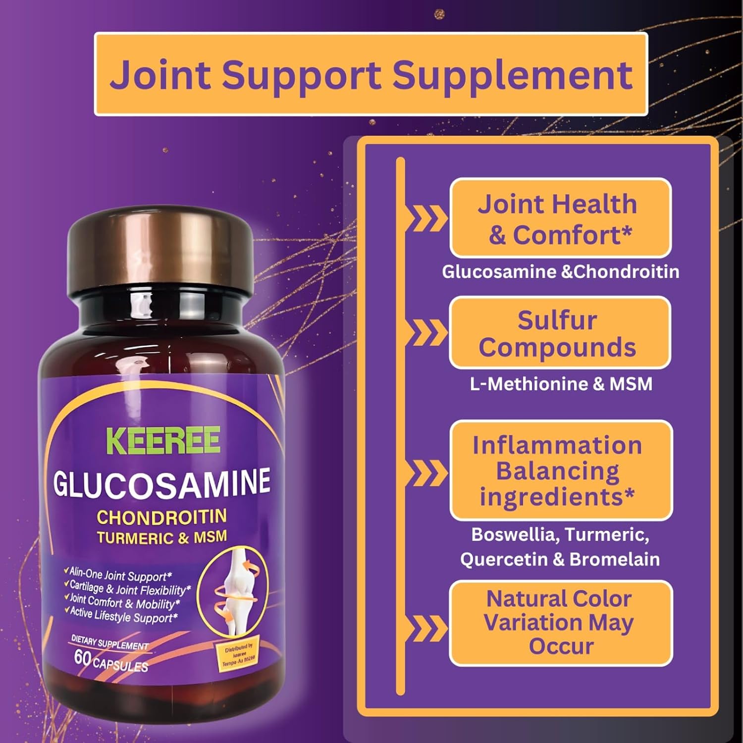 Joint Support Supplement with Glucosamine, Chondroitin, MSM & Turmeric - 60 Capsules for Cartilage & Mobility
