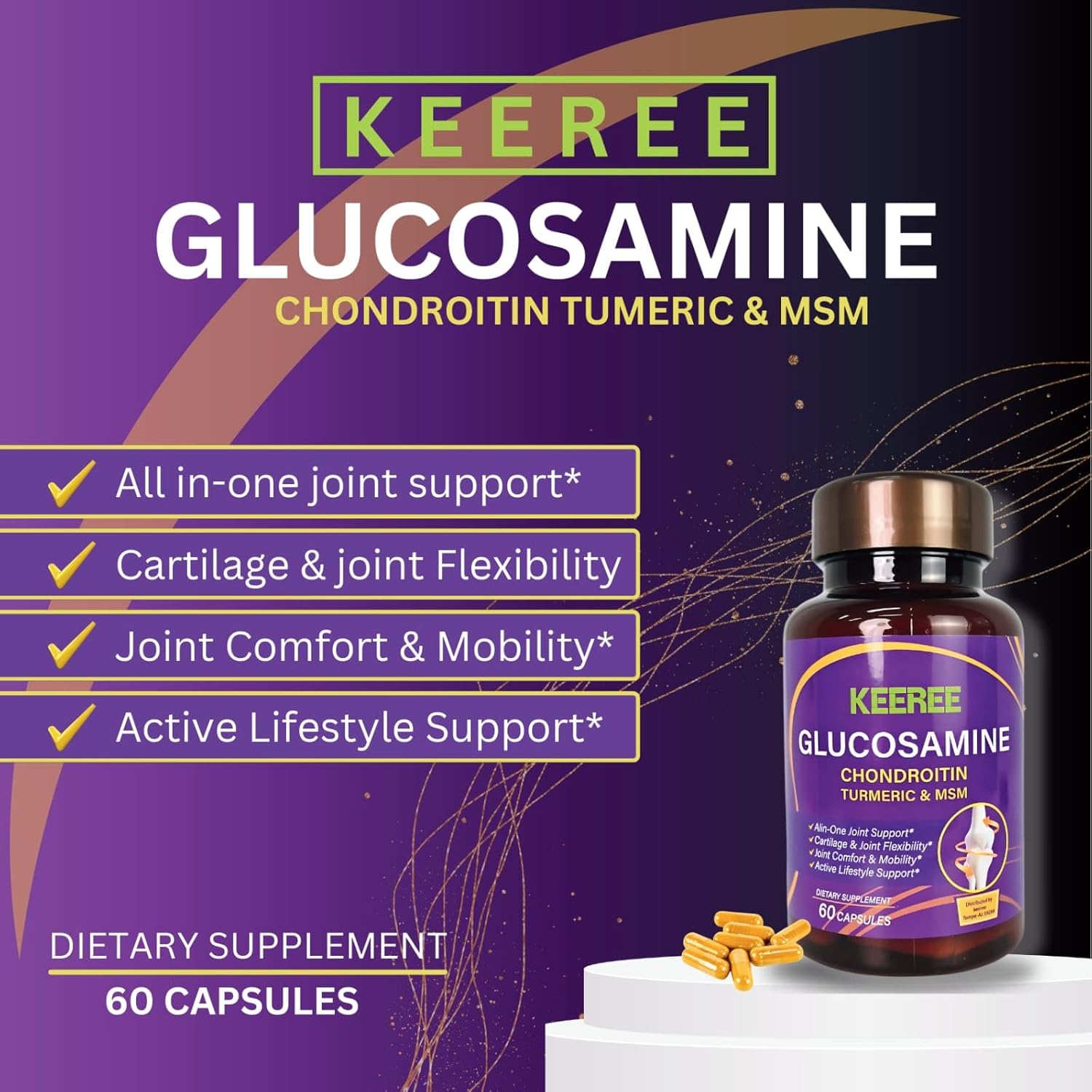 Joint Support Supplement with Glucosamine, Chondroitin, MSM & Turmeric - 60 Capsules for Cartilage & Mobility