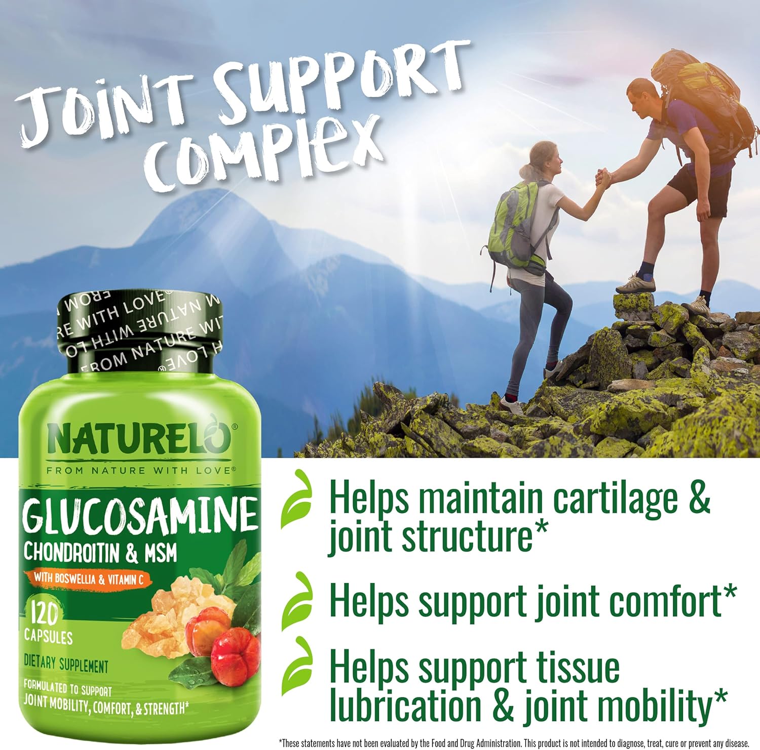 Joint Support Supplement with Glucosamine, Chondroitin, MSM, Boswellia, and Vitamin C - 120 Capsules by NATURELO