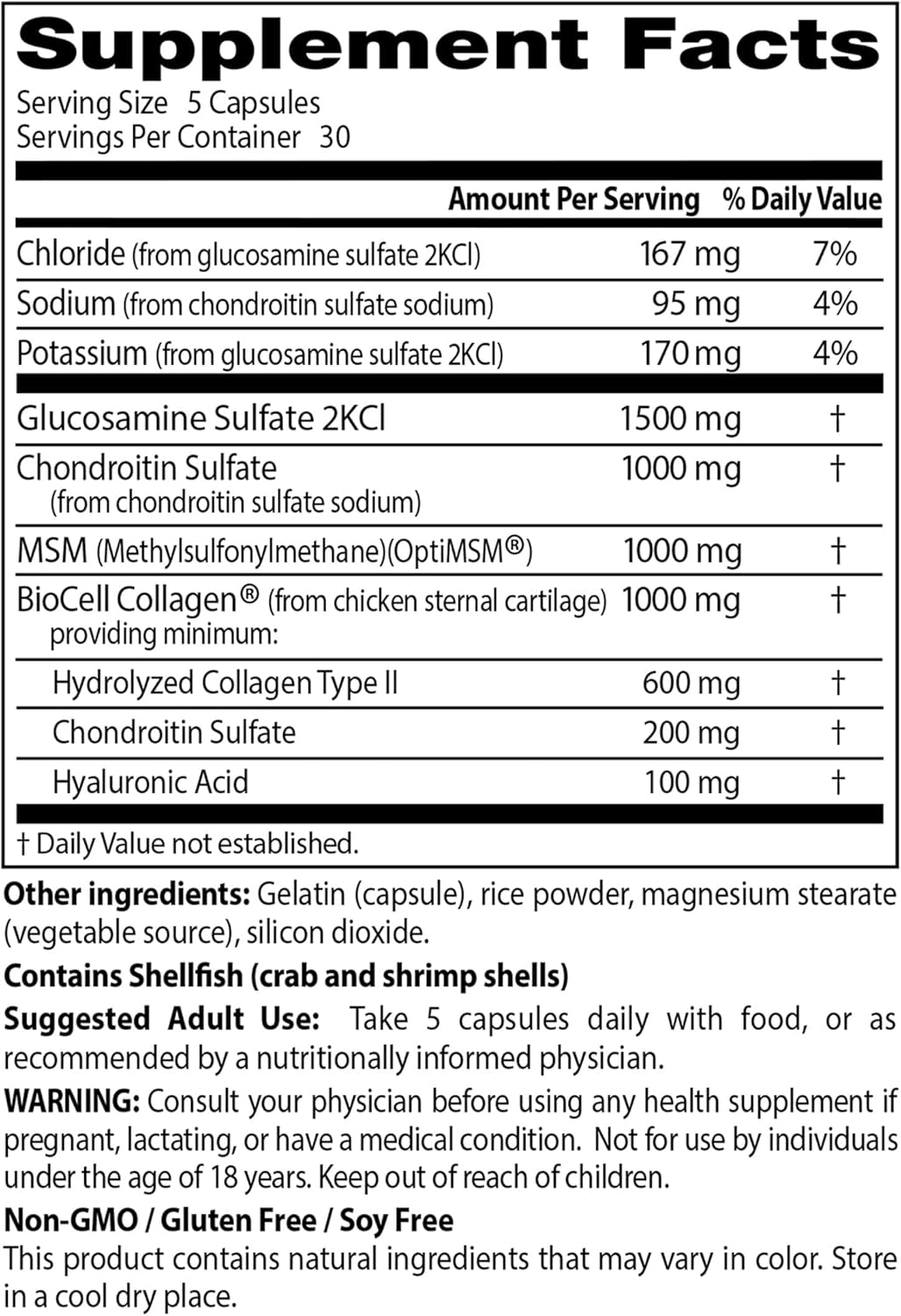 Joint Support Supplement with Glucosamine, Chondroitin, MSM, Hyaluronic Acid, and Biocell Collagen, 150 Capsules, Non-GMO, Gluten, and Soy Free