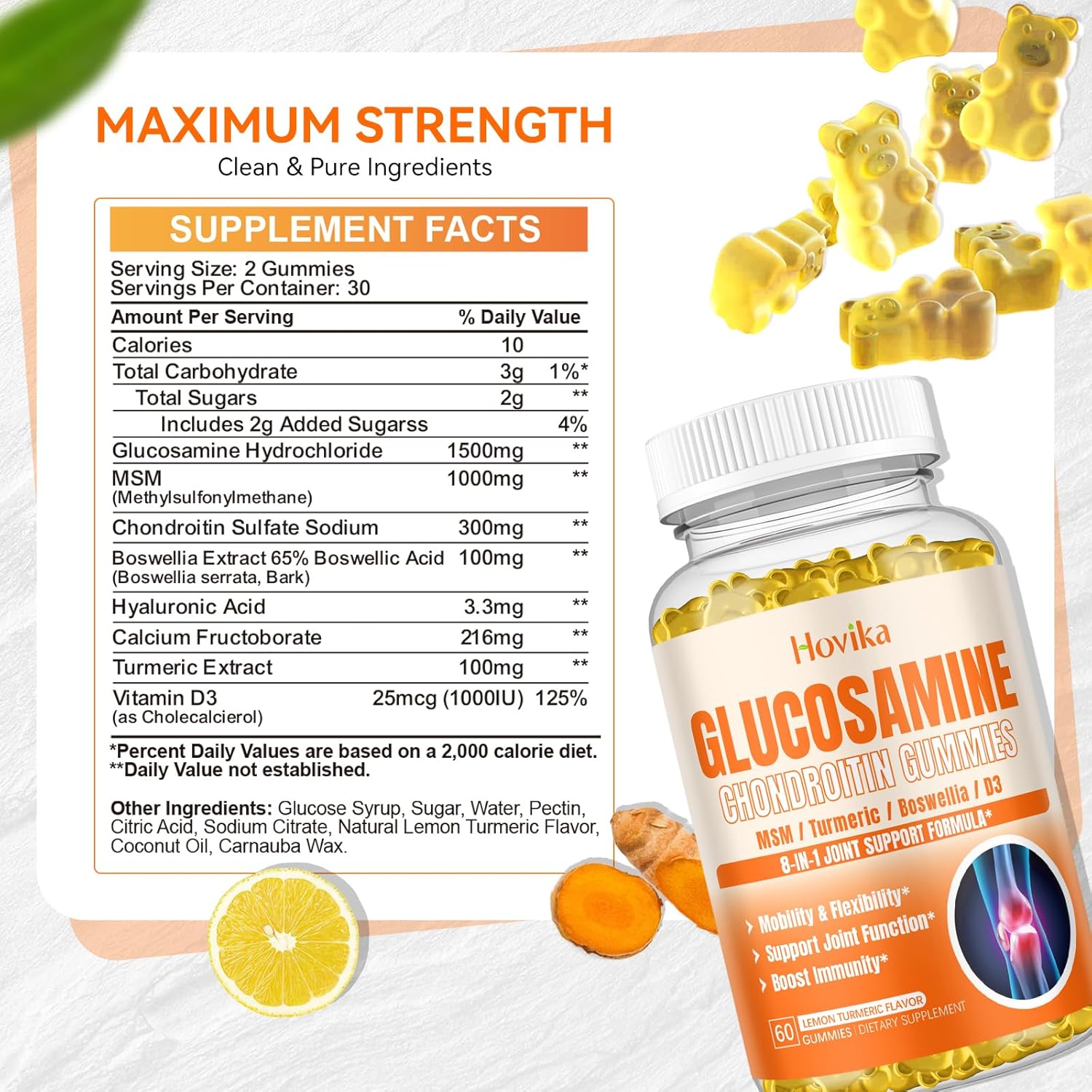 Joint Support Supplement with Glucosamine, Chondroitin, MSM, Turmeric, Vitamin D3, Hyaluronic Acid - Antioxidant & Immune Support Gummies for Adults - 60 Vegan Gummies
