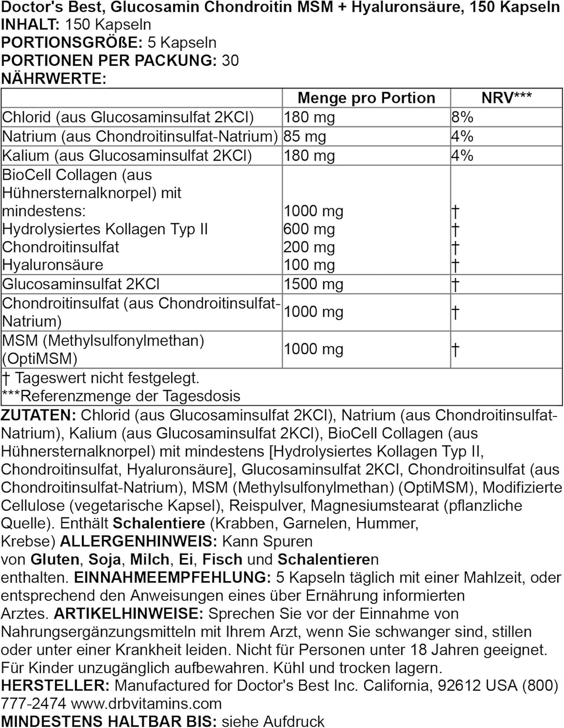 Joint Support Supplement with Glucosamine, Chondroitin, MSM, Hyaluronic Acid, and Biocell Collagen, 150 Capsules, Non-GMO, Gluten, and Soy Free