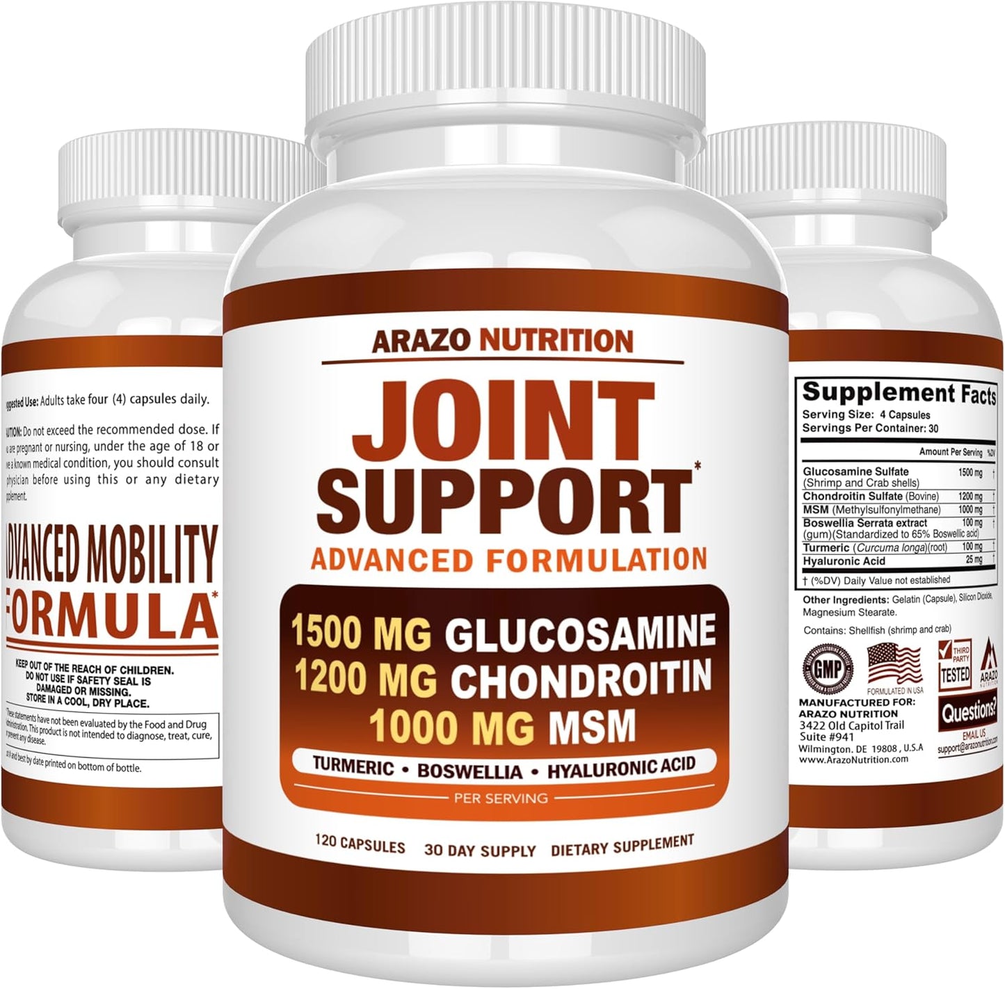 Joint Support Supplement with Glucosamine, Chondroitin, Turmeric, MSM, and Boswellia - 120 Capsules for Bone, Back, Knee, and Hand Relief