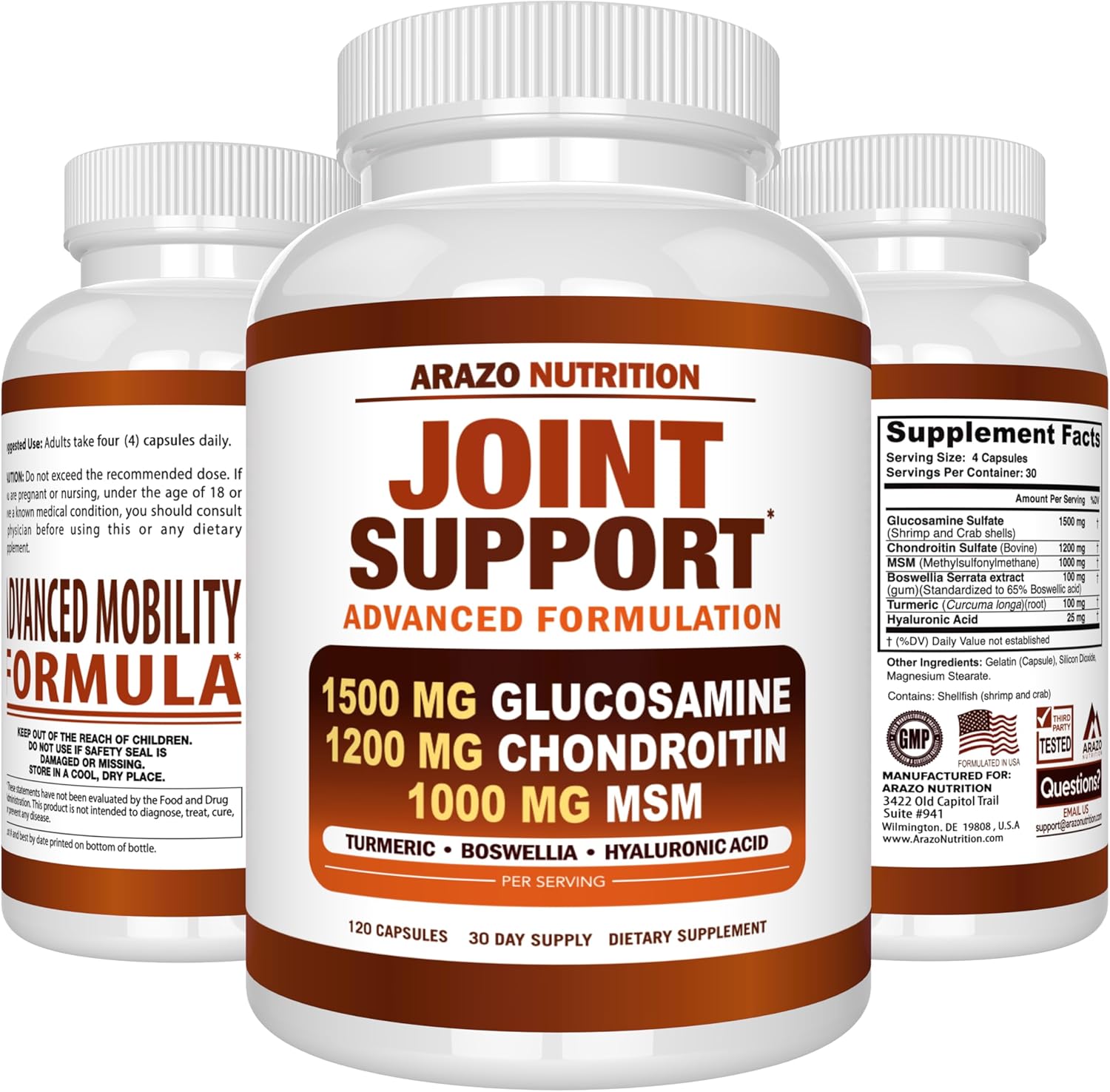 Joint Support Supplement with Glucosamine, Chondroitin, Turmeric, MSM, and Boswellia - 120 Capsules for Bone, Back, Knee, and Hand Relief