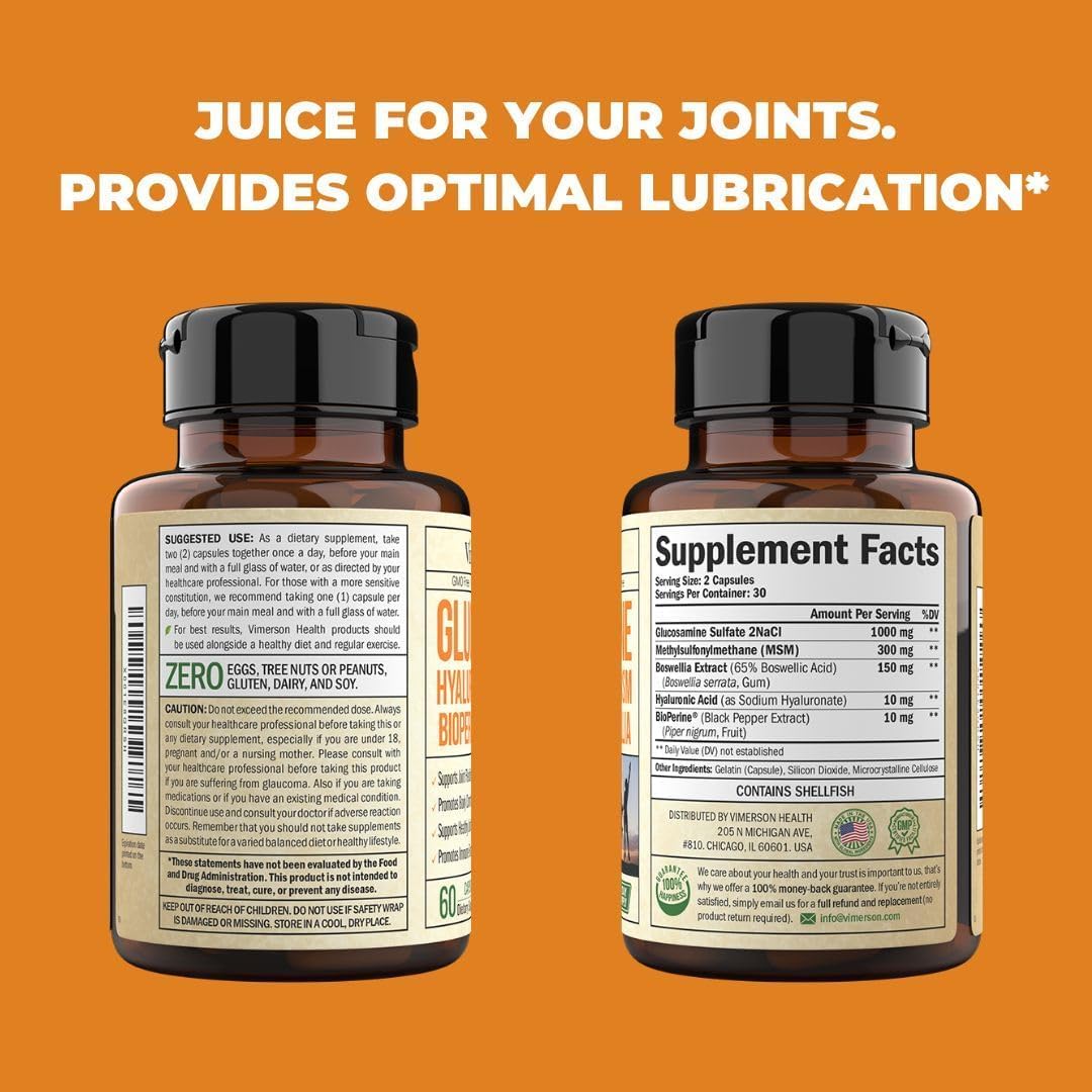 Joint Support Supplement with Glucosamine, Hyaluronic Acid, MSM & Boswellia - Antioxidant & Inflammatory Support for Joint Health. 2 Pack.