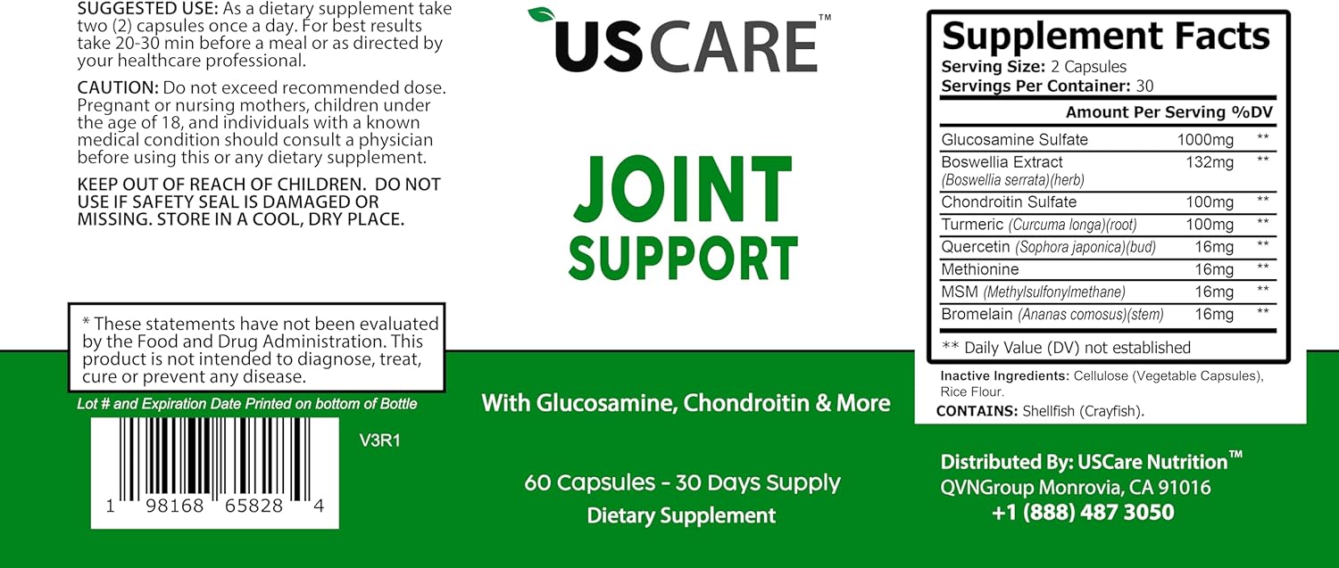 Joint Support Supplement with Glucosamine, Turmeric, Boswellia, MSM for Back, Knees, Hands - USCare Nutrition