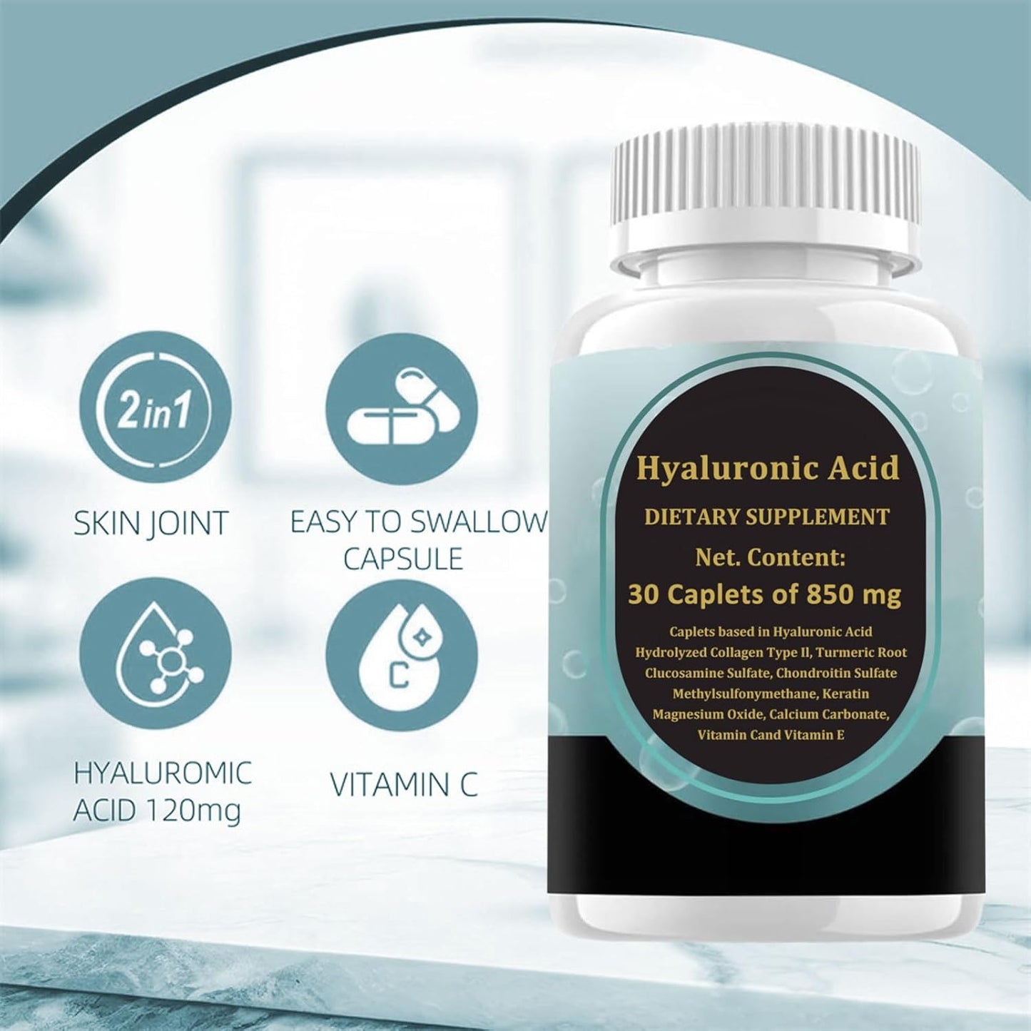 Joint Support Supplement with Hyaluronic Acid, Collagen, Turmeric, Glucosamine, MSM & Vitamin C - 60 Caplets for Healthy Joints in Men and Women