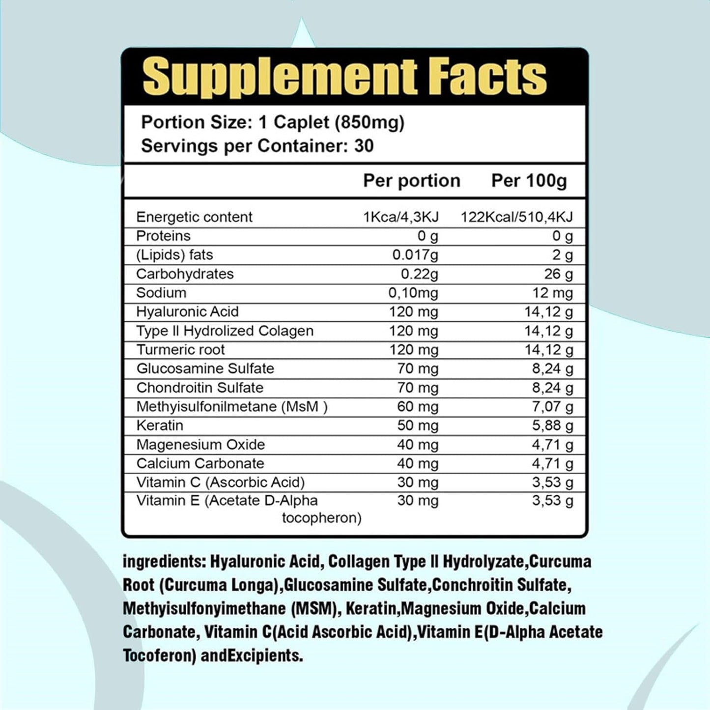 Joint Support Supplement with Hyaluronic Acid, Collagen, Turmeric, Glucosamine, MSM & Vitamin C - 60 Caplets for Healthy Joints in Men and Women