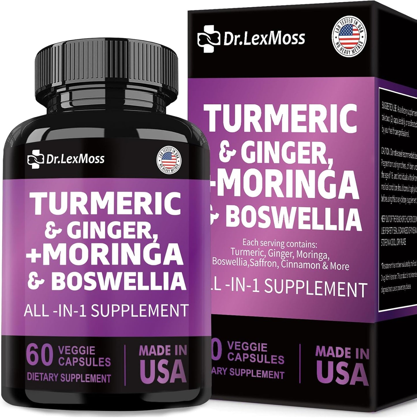 Joint Support Supplement with Turmeric, Ginger, Moringa, Boswellia, Saffron, Ceylon Cinnamon, Quercetin, and Tart Cherry - 60 Capsules from Dr. LexMoss - 30000mg Turmeric, 3000mg Ginger, 50000mg Moringa, 3000mg Boswellia, 2000mg Saffron