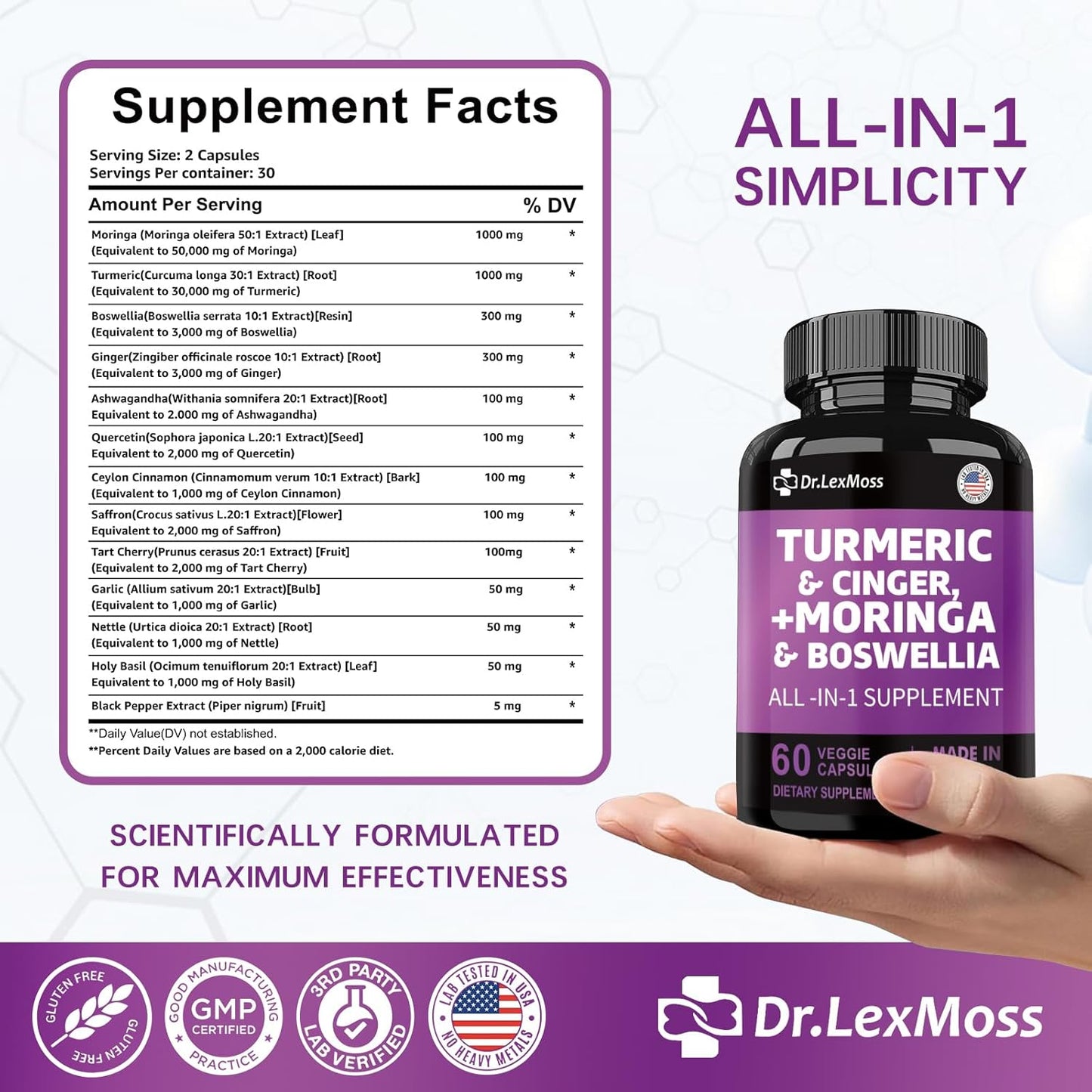 Joint Support Supplement with Turmeric, Ginger, Moringa, Boswellia, Saffron, Ceylon Cinnamon, Quercetin, and Tart Cherry - 60 Capsules from Dr. LexMoss - 30000mg Turmeric, 3000mg Ginger, 50000mg Moringa, 3000mg Boswellia, 2000mg Saffron