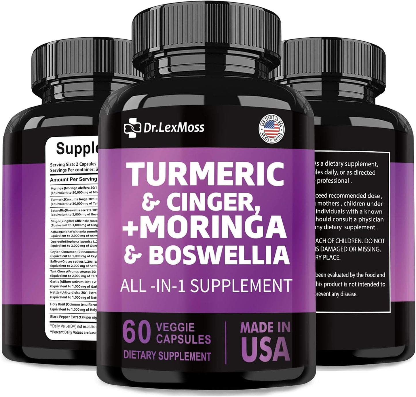 Joint Support Supplement with Turmeric, Ginger, Moringa, Boswellia, Saffron, Ceylon Cinnamon, Quercetin, and Tart Cherry - 60 Capsules from Dr. LexMoss - 30000mg Turmeric, 3000mg Ginger, 50000mg Moringa, 3000mg Boswellia, 2000mg Saffron