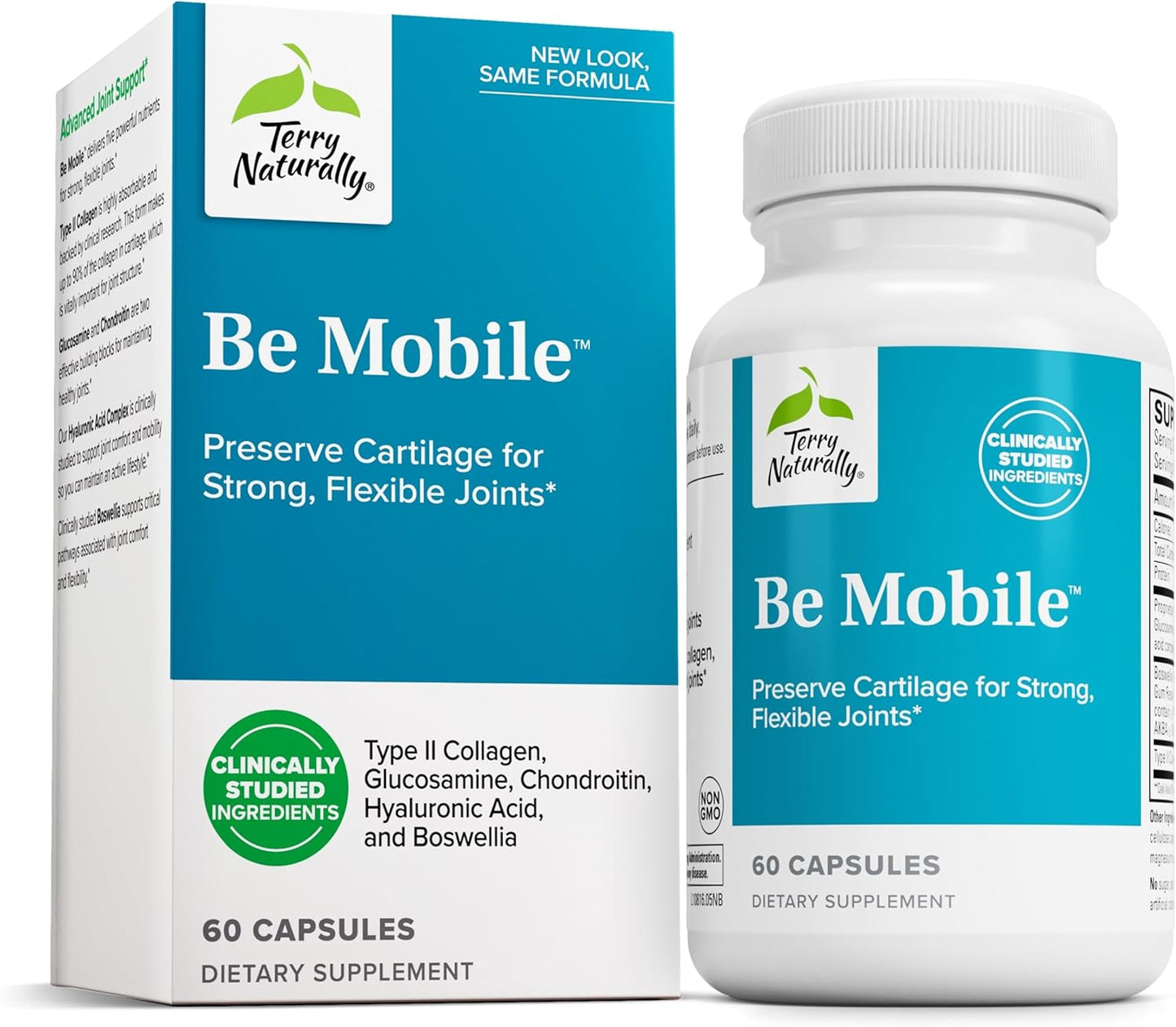 Joint Support Supplement with Type II Collagen, Glucosamine, and Chondroitin - Terry Naturally Be Mobile - 60 Capsules - Non-GMO, Gluten Free - 20 Servings