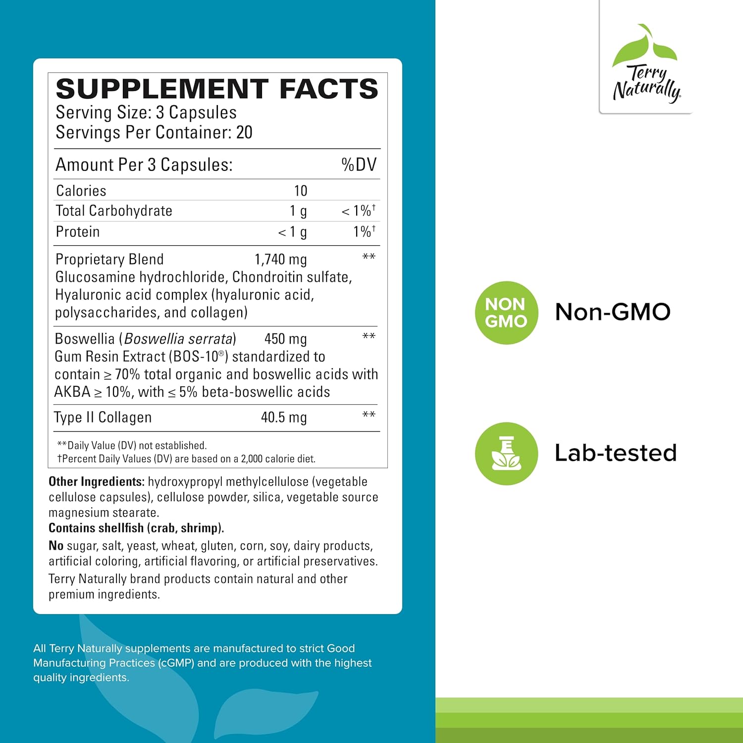 Joint Support Supplement with Type II Collagen, Glucosamine, and Chondroitin - Terry Naturally Be Mobile - 60 Capsules - Non-GMO, Gluten Free - 20 Servings