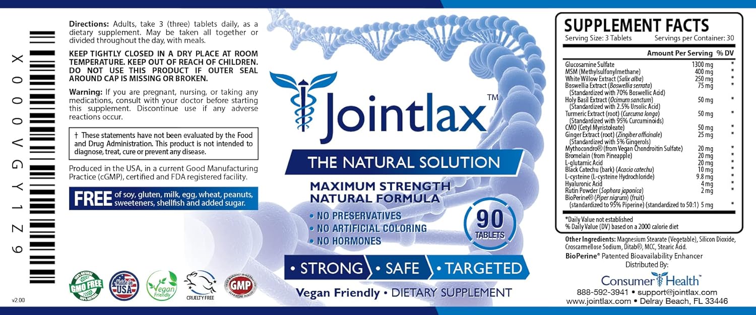 Jointlax Ultimate Joint Support Supplement - Enhance Mobility with Glucosamine, Chondroitin, Turmeric, BioPerine - High Absorption - 90 Vegan Tablets