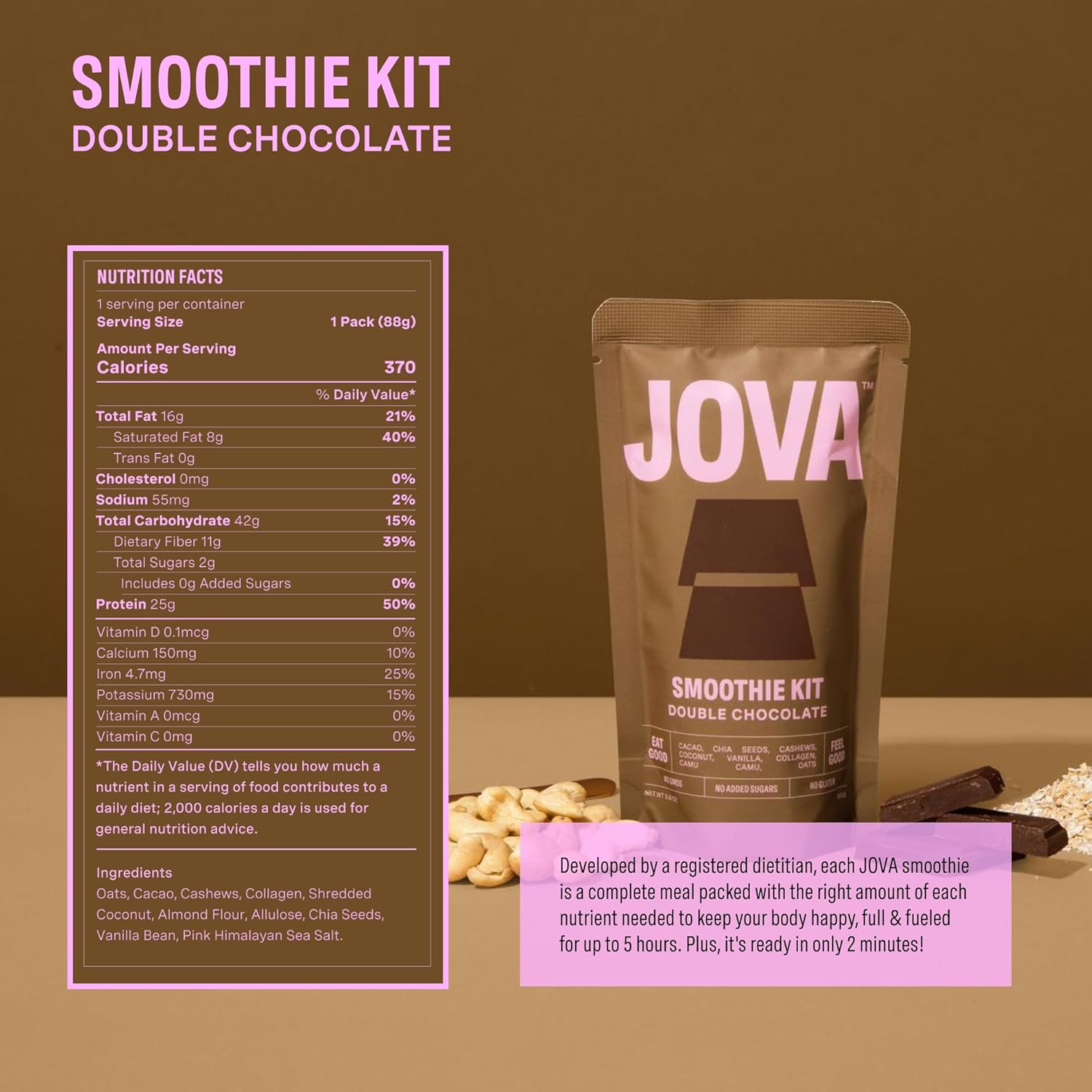 JOVA JOVA Double Chocolate Collagen & Protein Meal Replacement Shake - Pack of 6 Smoothie Kits with 25g Protein, 11g Fiber, 2g Sugar - Delicious & Creamy, Gluten-Free, Non-GMO, USA Made