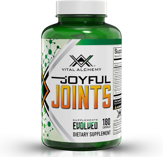 Joyful Joints Support Supplement for Women & Men with MSM, Glucosamine Sulfate, Turmeric, Hyaluronic Acid, Bromelain, Bioperine - 180 Capsules, USA Made