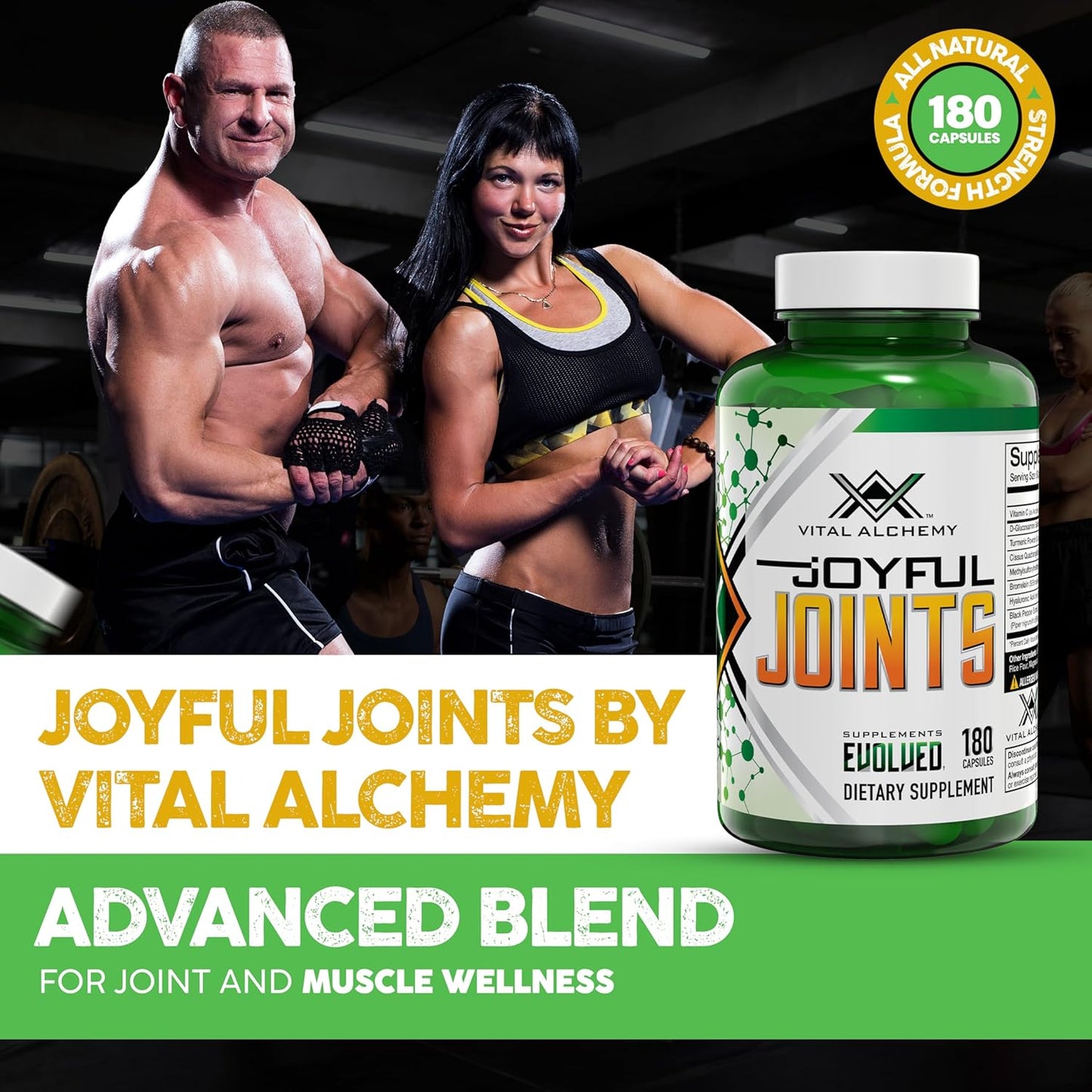 Joyful Joints Support Supplement for Women & Men with MSM, Glucosamine Sulfate, Turmeric, Hyaluronic Acid, Bromelain, Bioperine - 180 Capsules, USA Made