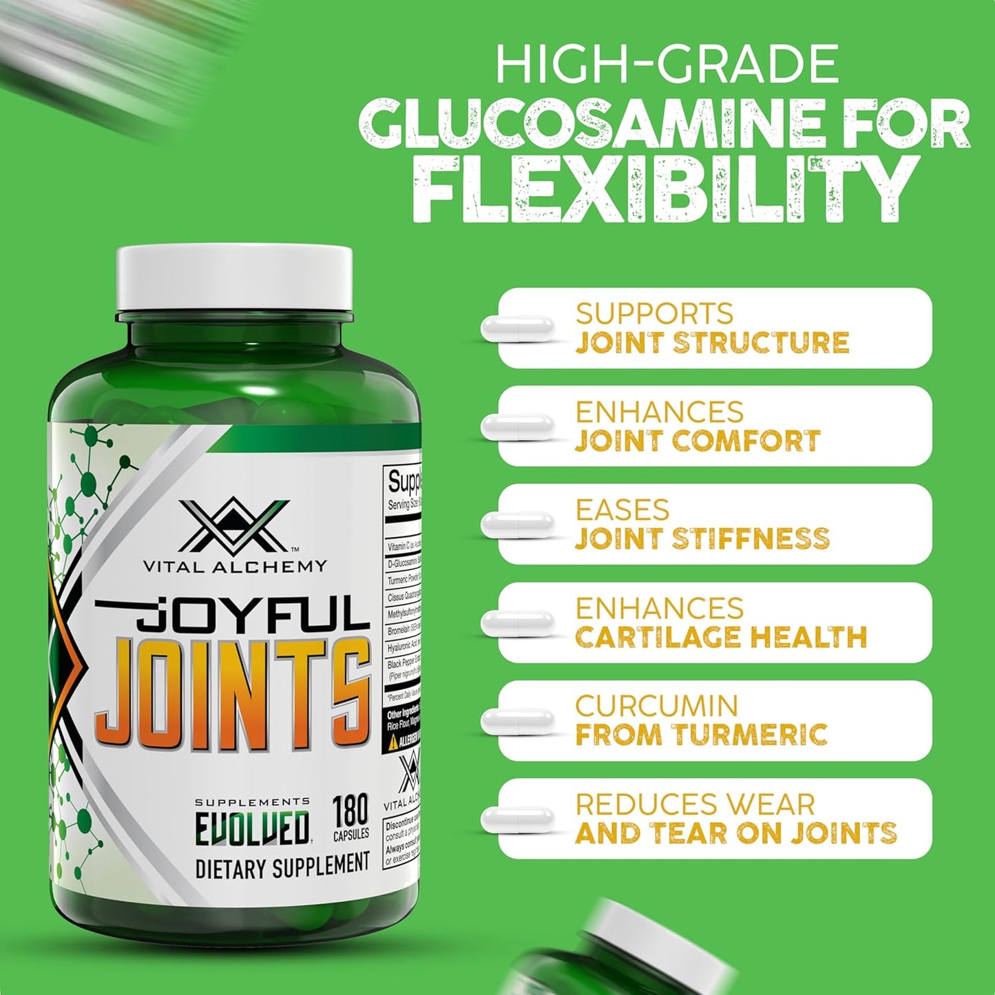 Joyful Joints Support Supplement for Women & Men with MSM, Glucosamine Sulfate, Turmeric, Hyaluronic Acid, Bromelain, Bioperine - 180 Capsules, USA Made