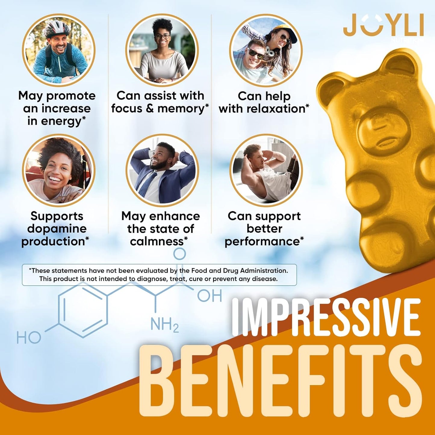 Joyli Nutrition L-Tyrosine Gummies 1000MG - Focus & Calm Supplement for Kids & Adults - Brain, Memory, Mood, Energy Support - Vegan & Gluten-Free - 500mg per Gummy
