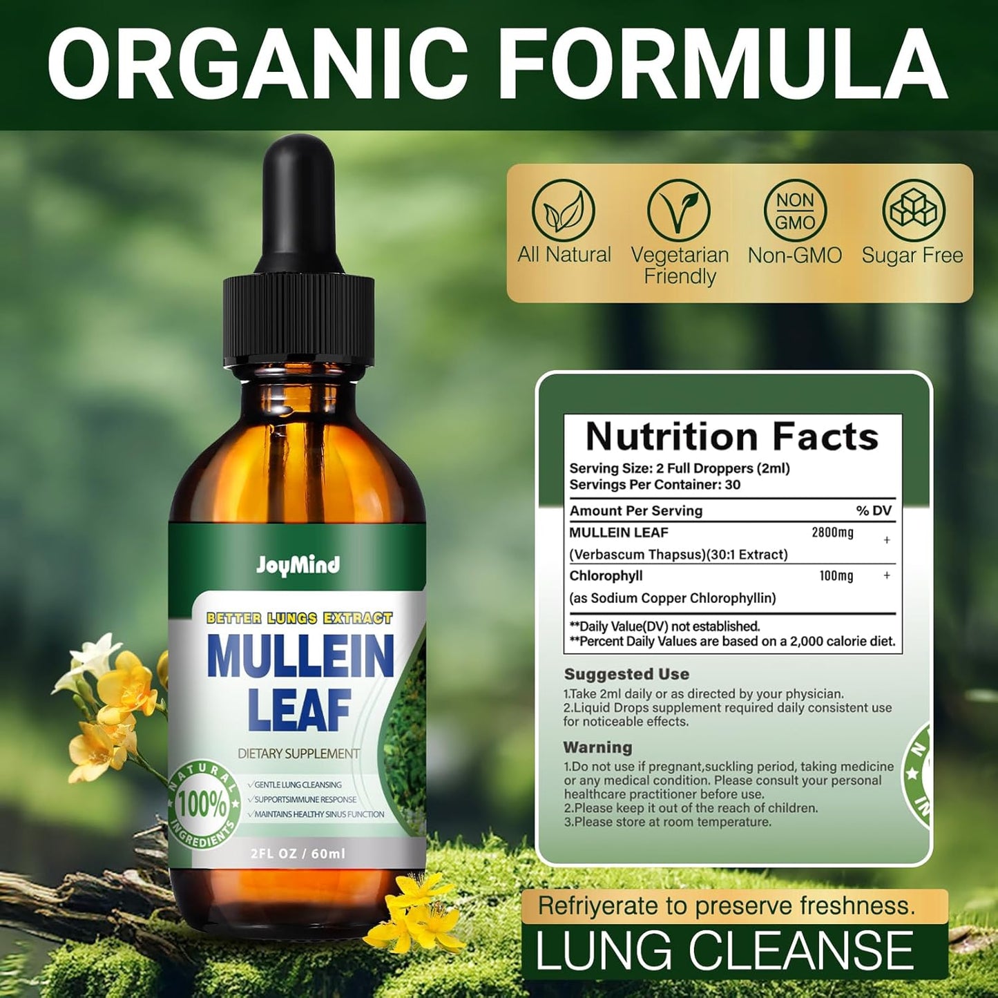 JoyMind Mullein Leaf Extract Drops - 2800MG Lung Cleanse & Detox - Respiratory Health & Immunity Support - 2 FL.OZ