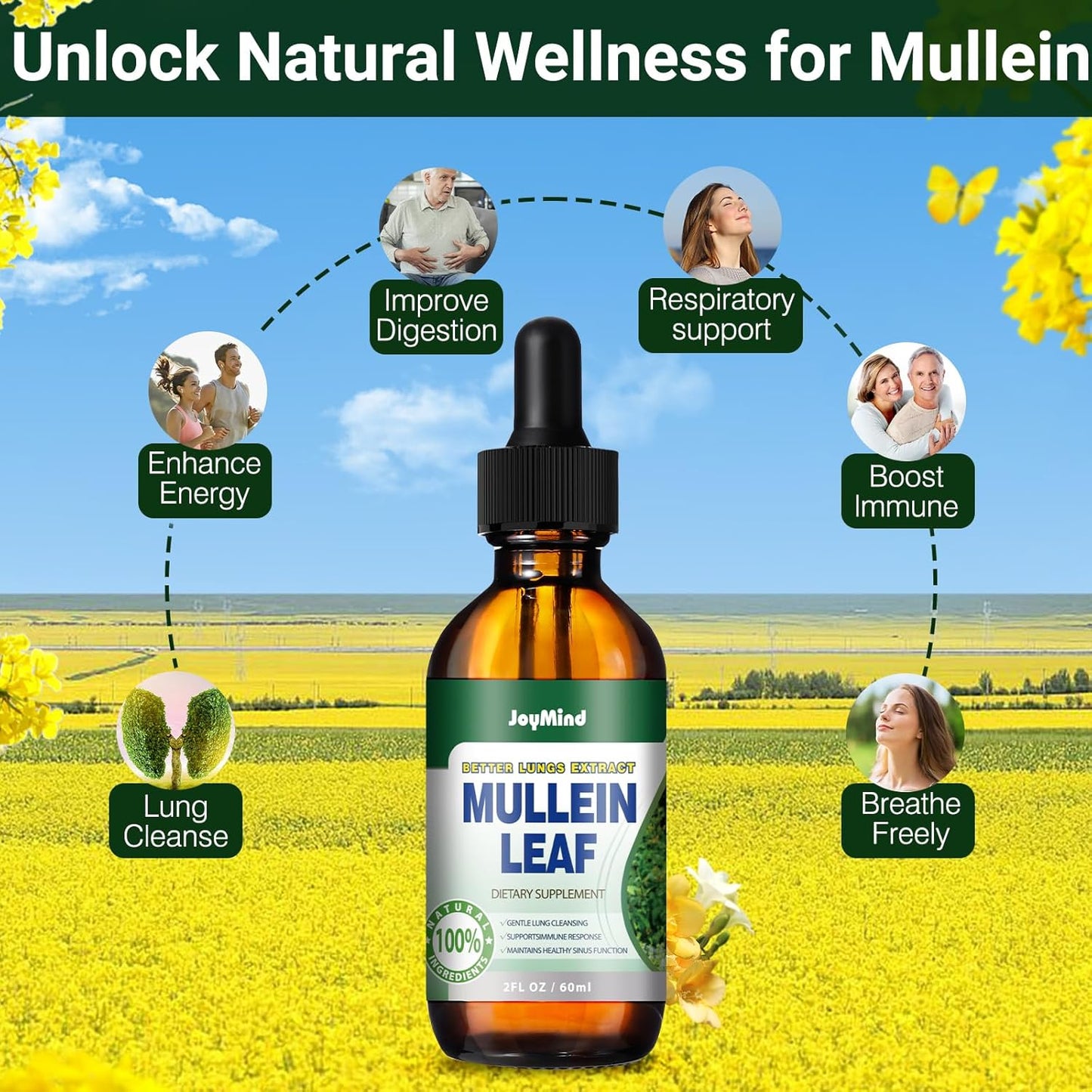 JoyMind Mullein Leaf Extract Drops - 2800MG Lung Cleanse & Detox - Respiratory Health & Immunity Support - 2 FL.OZ
