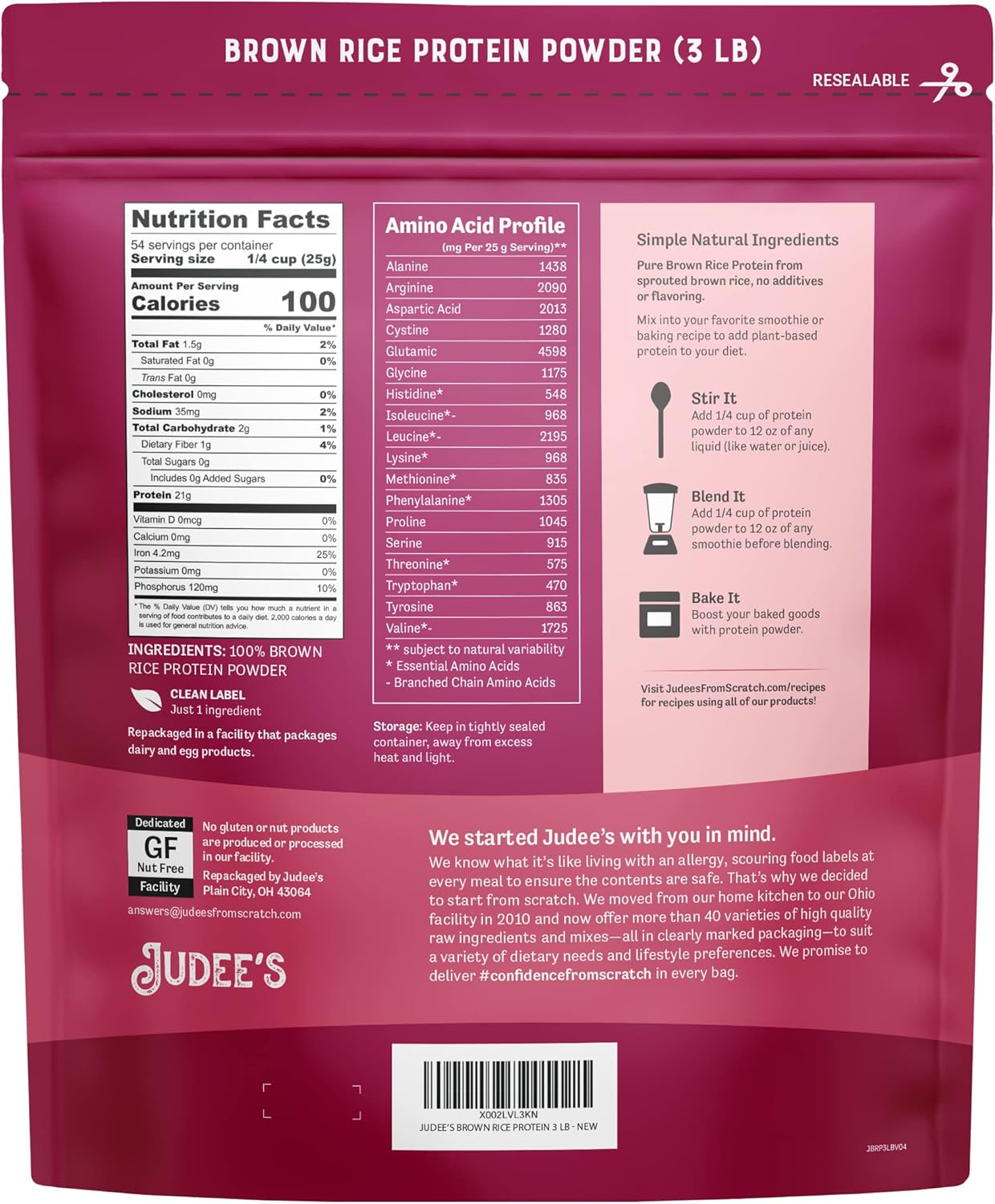 Judee's Brown Rice Protein Powder (80% Protein) 3 lb - Non-GMO, Sprouted, Keto-Friendly Plant-Based Protein - Gluten, Dairy, Soy Free