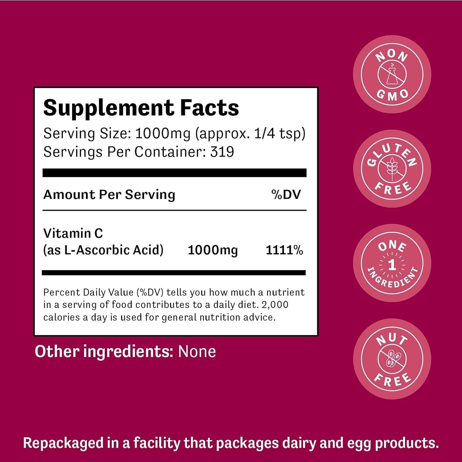 Judee's Pure Vitamin C Powder 11.25oz - Non-GMO, Gluten-Free, Nut-Free - Immune Support & Antioxidant - No Fillers - for Cosmetics & Preserving Foods