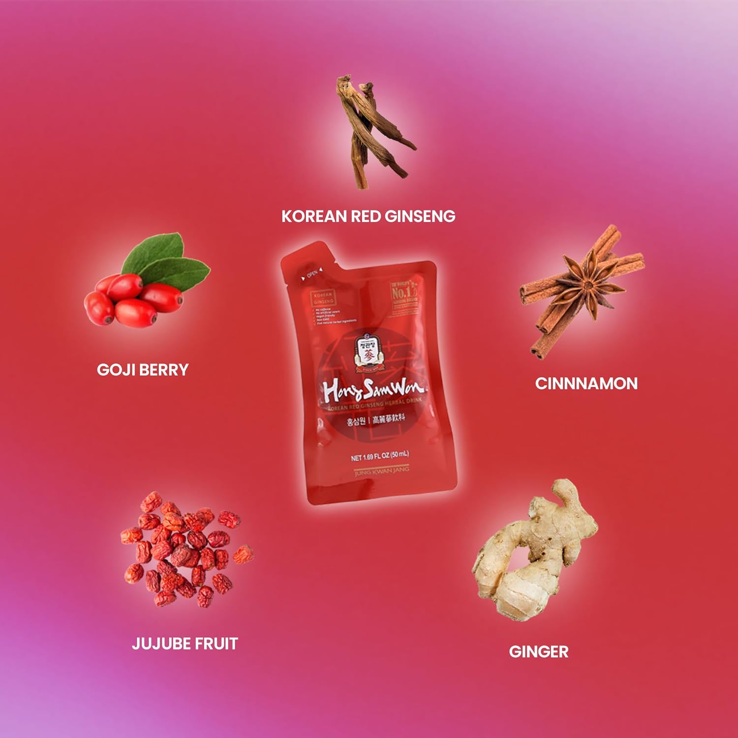 JUNG KWAN JANG Korean Red Ginseng Herbal Energy Drink - Pre Workout Supplement with Jujube, Ginger, Cinnamon - Vegan Friendly - 20 Count