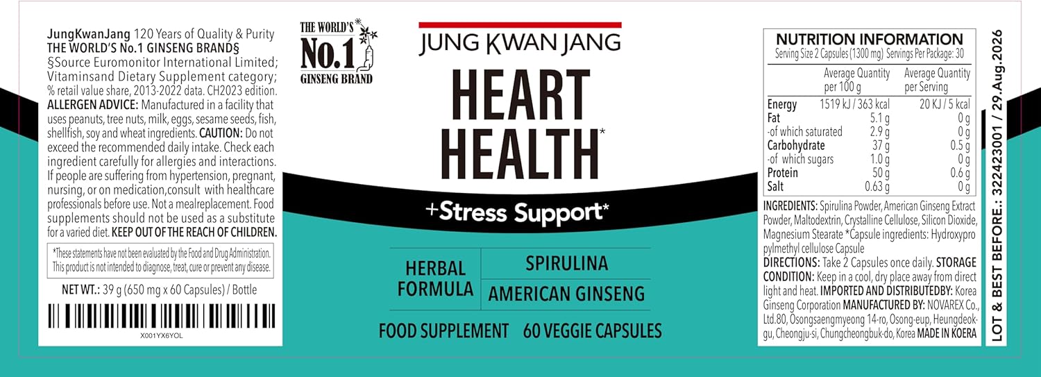 JungKwanJang Heart Health Supplement with Spirulina and American Ginseng - Immune System and Energy Support, 60 Capsules