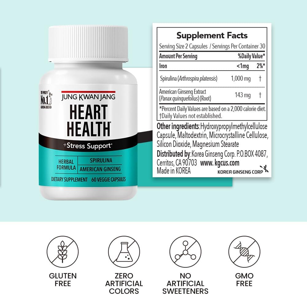 JungKwanJang Heart Health Supplement with Spirulina and American Ginseng - Immune System and Energy Support, 60 Capsules