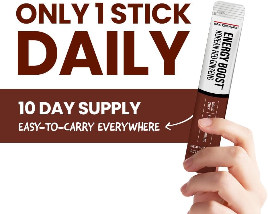 JungKwanJang Korean Red Panax Ginseng Extract Sticks - 1000mg for Energy Boost & Cognitive Support - 10 Count