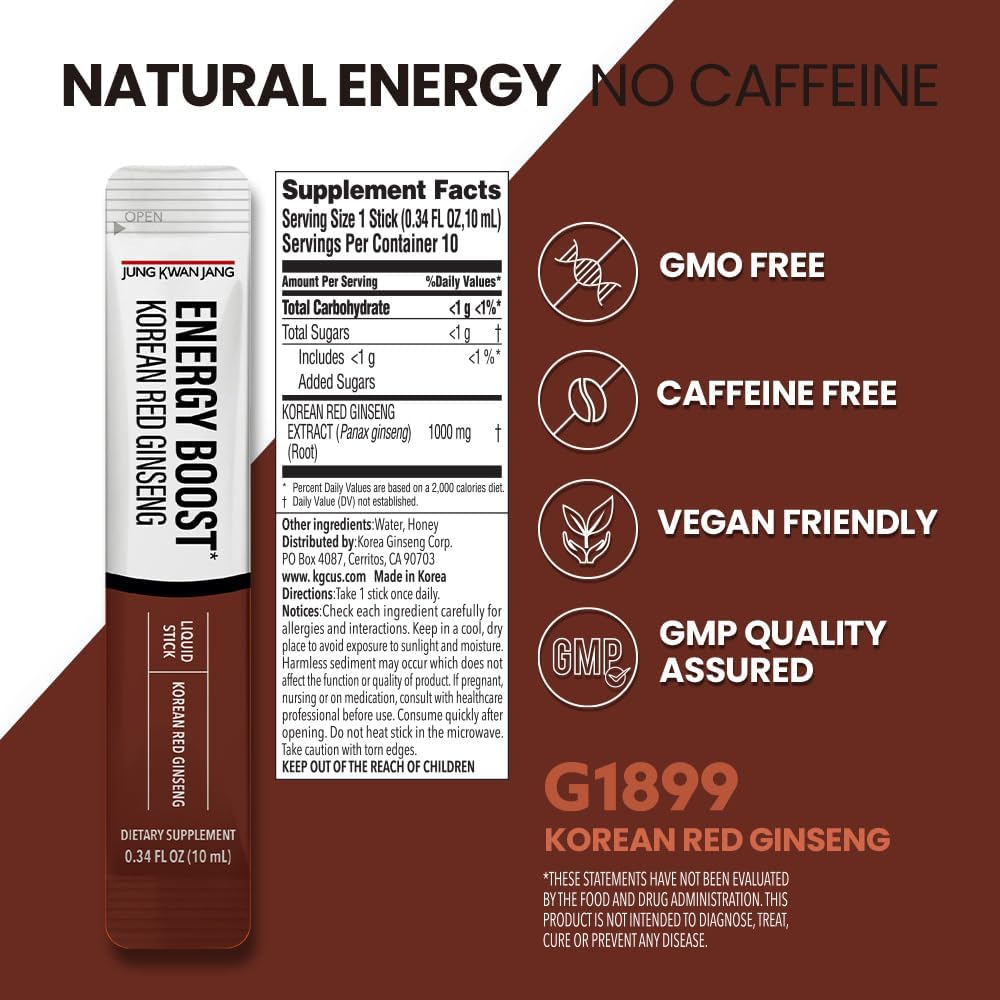 JungKwanJang Korean Red Panax Ginseng Extract Sticks - 1000mg for Energy Boost & Cognitive Support - 10 Count