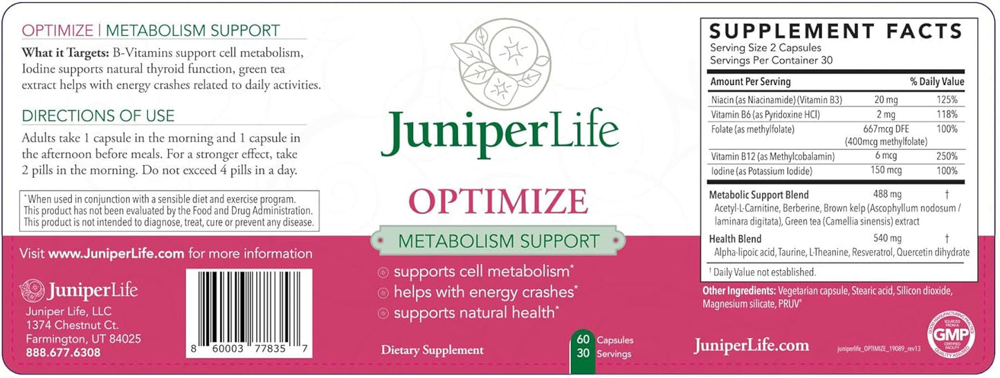 JuniperLIfe Optimize Supplement with Berberine, Acetyl l-carnitine, Theanine, Alpha-lipoic Acid, Quercitin, and Taurine for Thyroid, Antioxidant, Cholesterol, Memory, and Energy Support