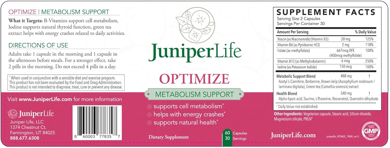 JuniperLIfe Optimize Supplement with Berberine, Acetyl l-carnitine, Theanine, Alpha-lipoic Acid, Quercitin, and Taurine for Thyroid, Antioxidant, Cholesterol, Memory, and Energy Support