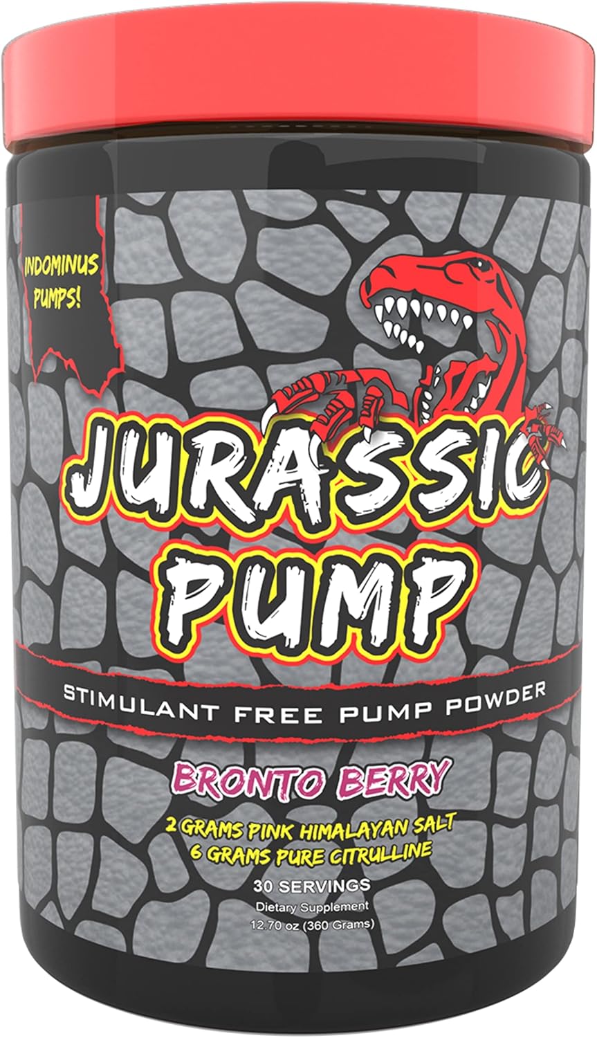 Jurassic Pump Berry Muscle Pump Powder - Non-Stimulant Preworkout with Nitric Oxide Booster - 6g Citrulline, 2g Pink Himalayan Salt, Agmatine, Pomegranate - Stimulant-Free 30 Servings