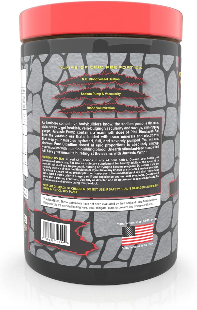 Jurassic Pump Berry Muscle Pump Powder - Non-Stimulant Preworkout with Nitric Oxide Booster - 6g Citrulline, 2g Pink Himalayan Salt, Agmatine, Pomegranate - Stimulant-Free 30 Servings