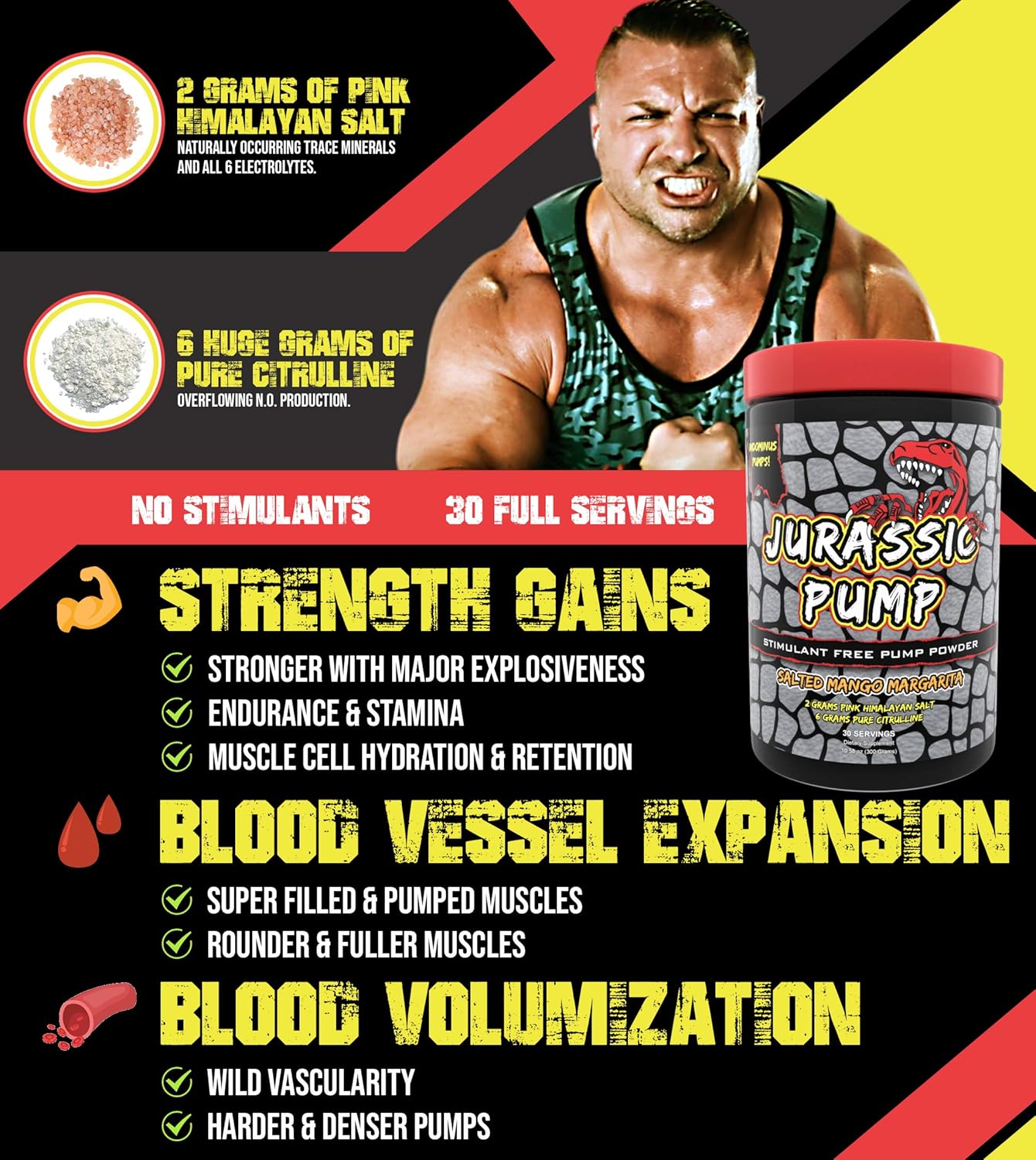 Jurassic Pump Berry Muscle Pump Powder - Non-Stimulant Preworkout with Nitric Oxide Booster - 6g Citrulline, 2g Pink Himalayan Salt, Agmatine, Pomegranate - Stimulant-Free 30 Servings