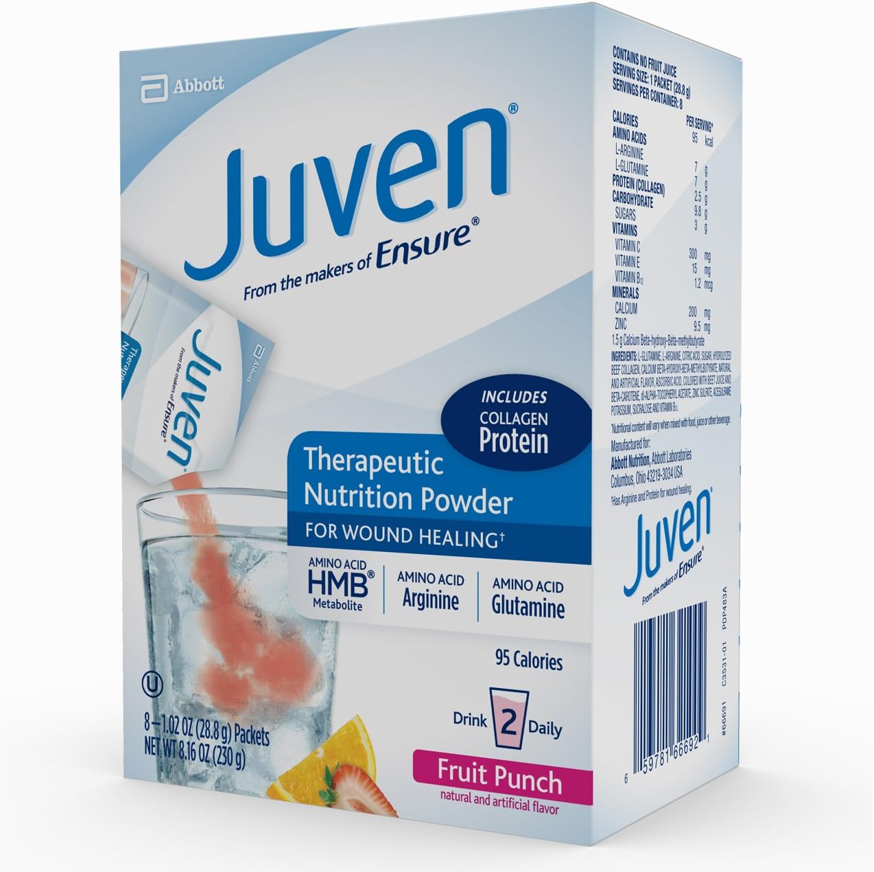 Juven Therapeutic Drink Mix Powder with Collagen Protein for Wound Healing Support - Fruit Punch Flavor, 1.01oz (Pack of 48)