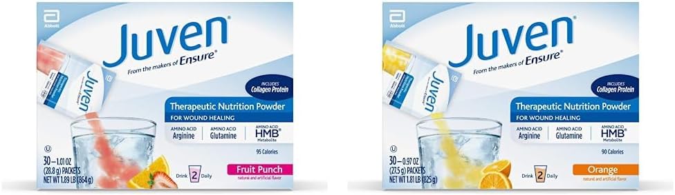 Juven Therapeutic Nutrition Drink Mix Powder with Collagen Protein for Wound Healing Support, Orange & Fruit Punch Flavors, 60 Packets