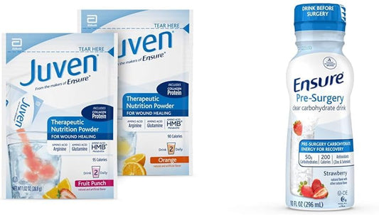 Juven Therapeutic Nutrition Drink Mix Powder with Collagen Protein for Wound Healing Support, Variety Pack, 30 Count + Ensure Pre-Surgery Clear Carbohydrate Drink, Strawberry 10 Fl Oz