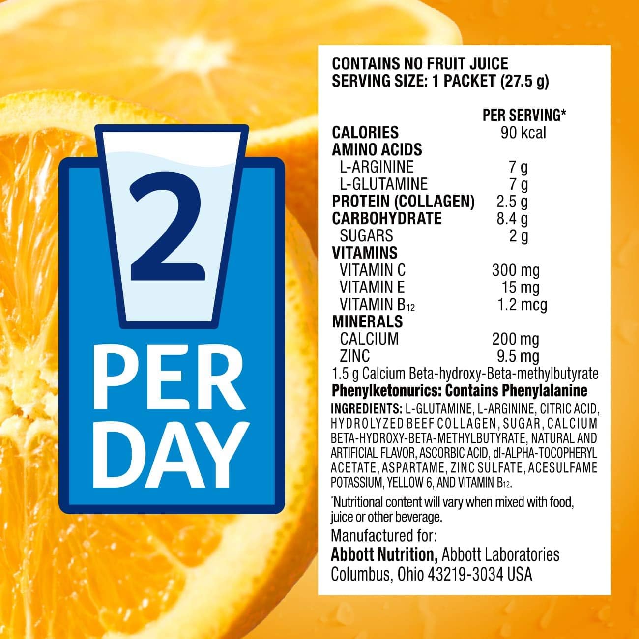 Juven Therapeutic Nutrition Drink Mix Powder with Collagen Protein for Wound Healing, Orange Flavor, 48 Pack