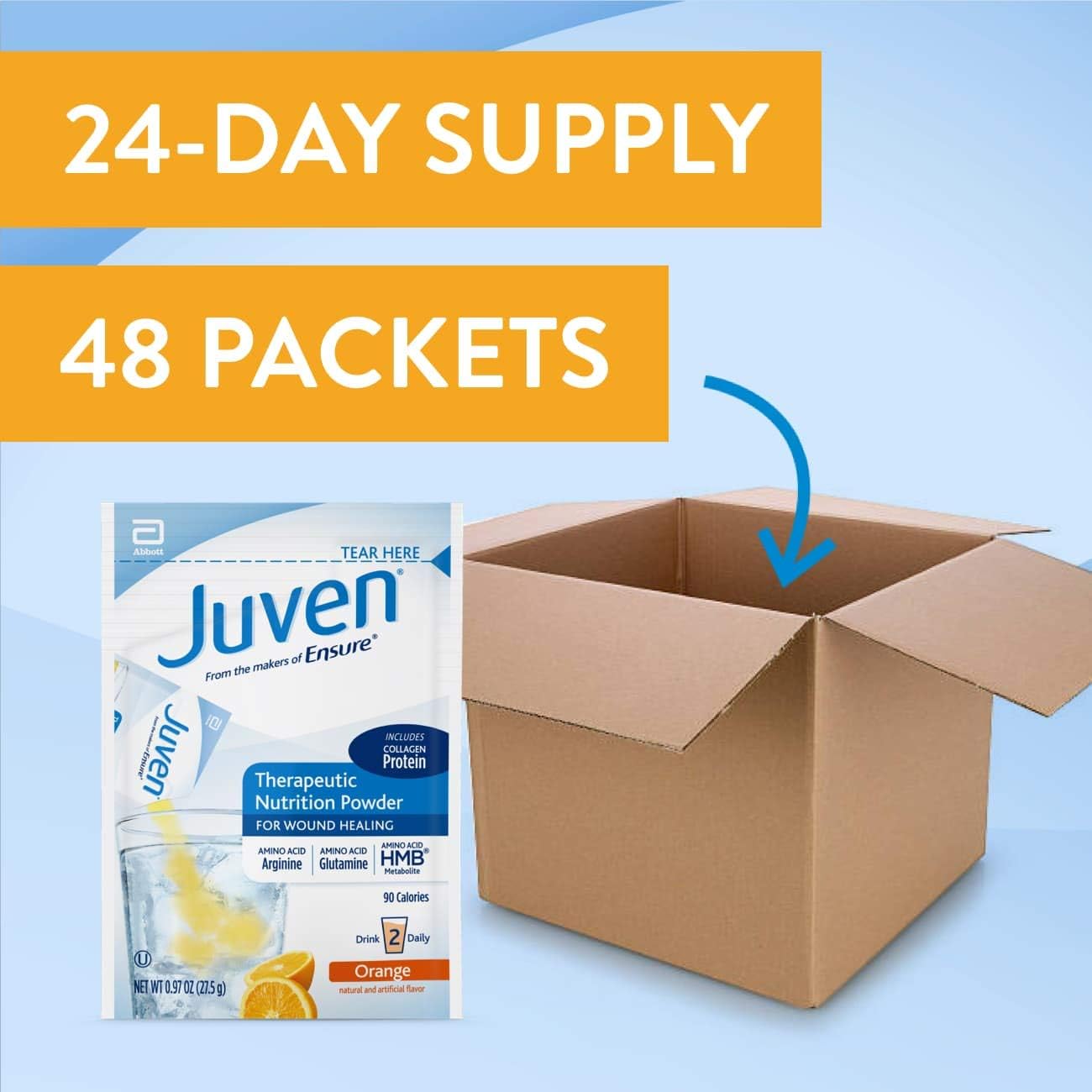 Juven Therapeutic Nutrition Drink Mix Powder with Collagen Protein for Wound Healing, Orange Flavor, 48 Pack