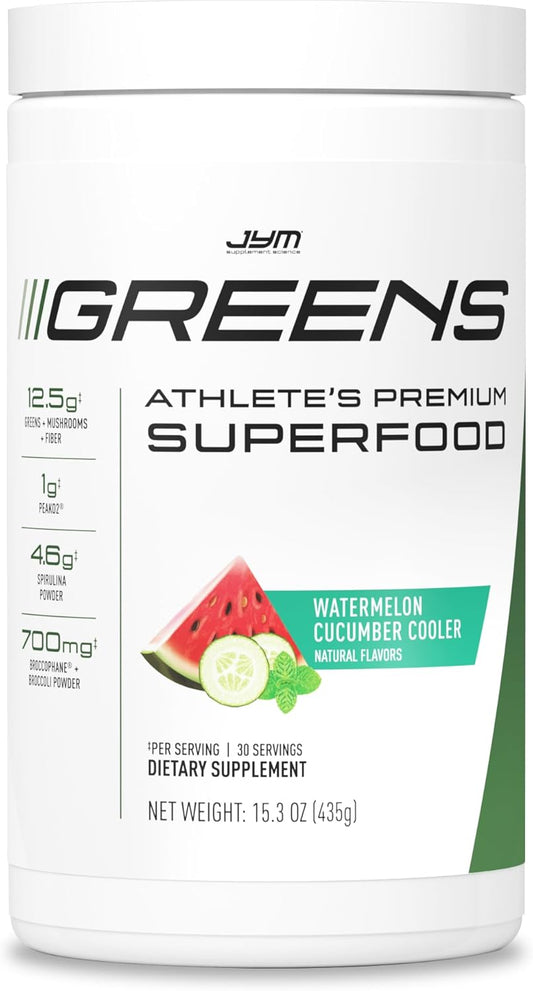 JYM Greens Super Food Powder: Watermelon Cucumber Performance Blend with Spirulina, Mushrooms, Vitamins - 30 Servings for Men & Women
