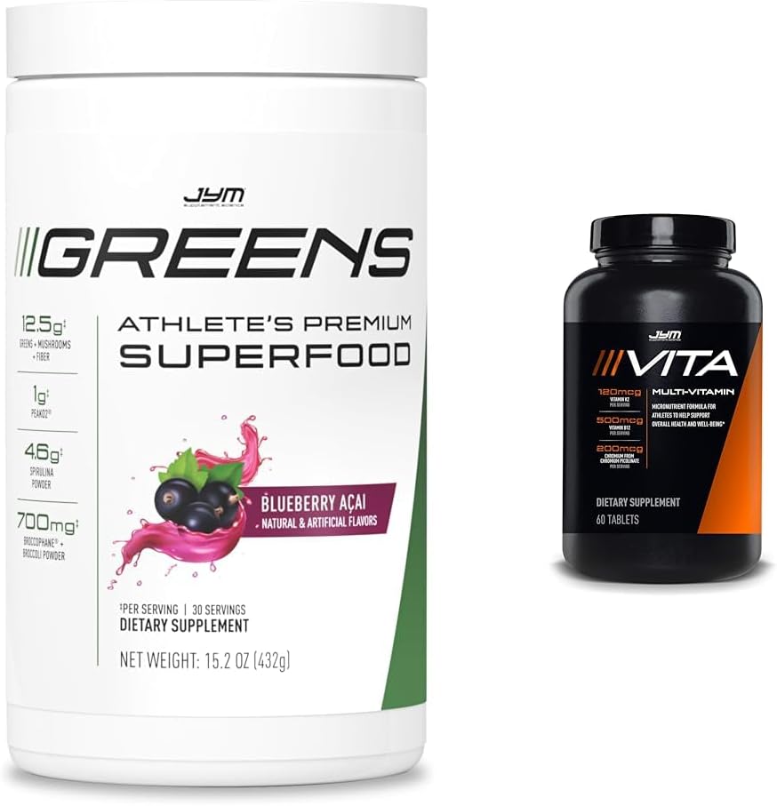JYM Greens Superfood Blueberry Acai Powder & Vita JYM Multivitamin Bundle for Athletes