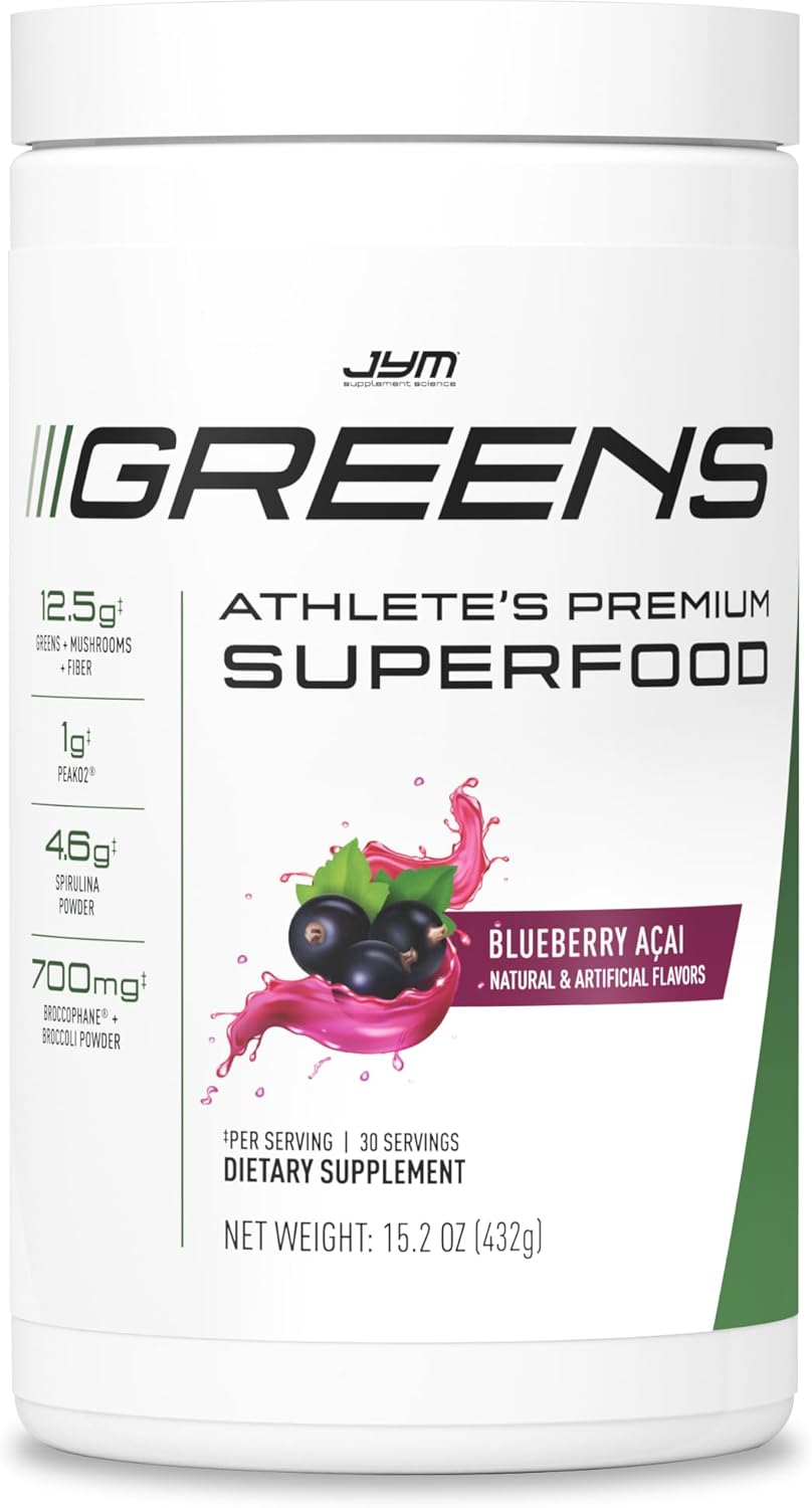JYM Greens Superfood Powder - Blueberry Acai, Spirulina, Mushrooms, Vitamins - 30 Servings for Men and Women