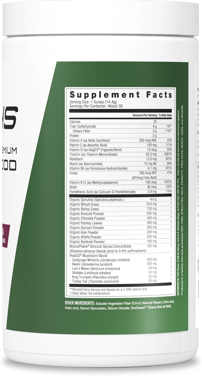 JYM Greens Superfood Powder - Blueberry Acai, Spirulina, Mushrooms, Vitamins - 30 Servings for Men and Women