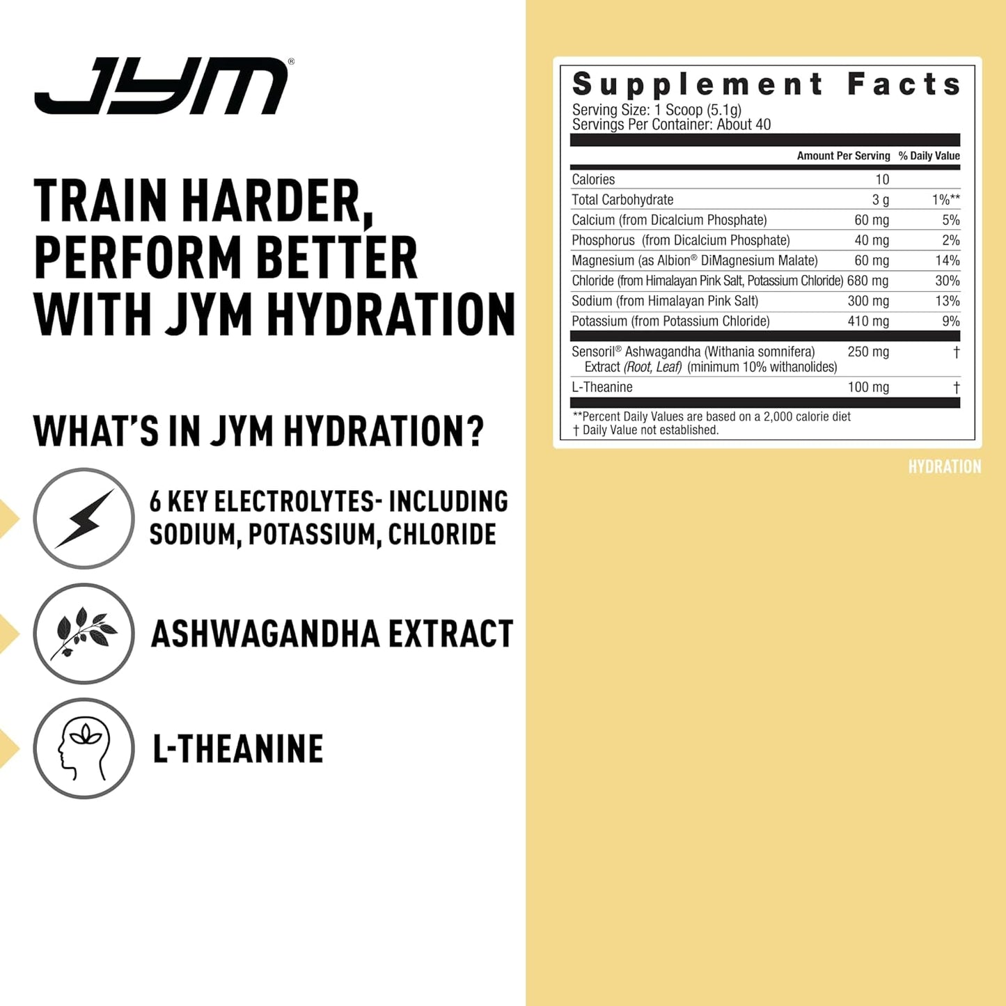 JYM Hydration Pina Colada Powder: Performance Electrolytes for Men & Women, 40 Servings, Potassium, Sodium, Magnesium, Theanine, Ashwagandha